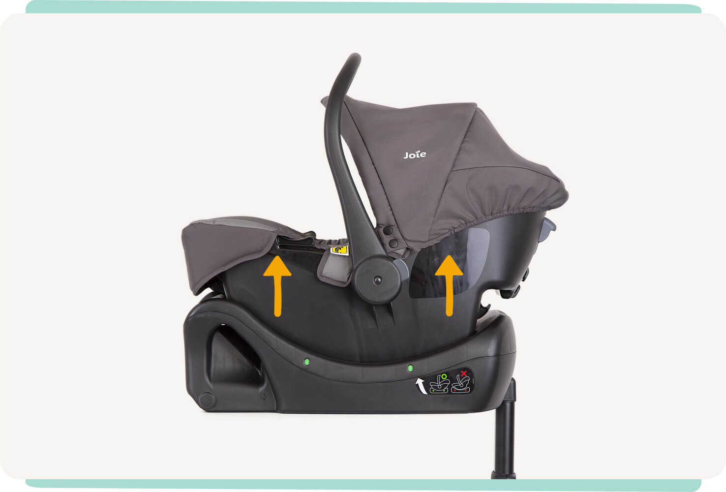   The Joie clickFIT child car seat base in profile, with an infant car seat installed on the base. Two orange arrows overlap the car seat, pointing up.
