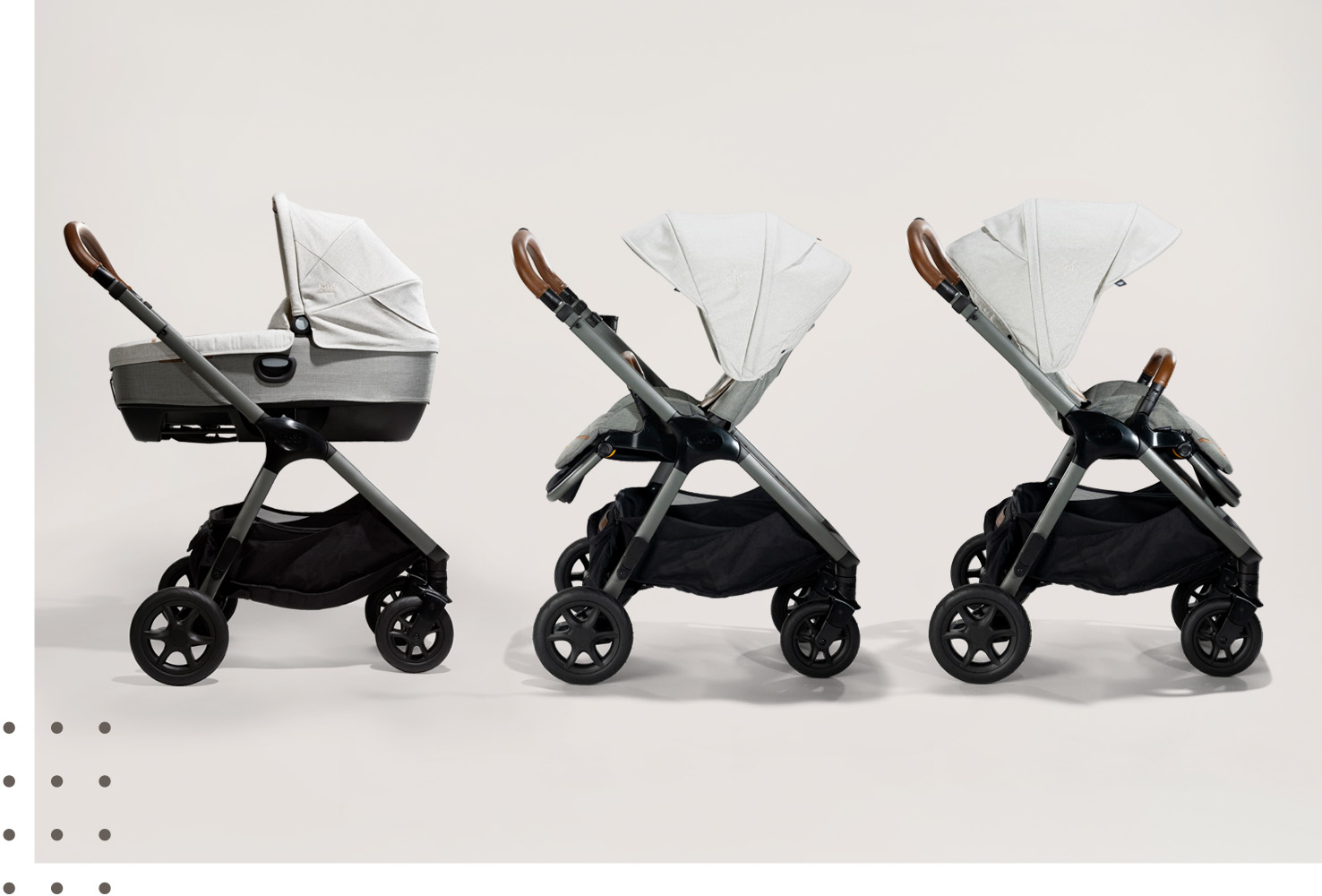  3 Joie Signature Finiti pushchairs in profile showing the mode options. From left to right: carry cot mode paired with Calmi R129, parent facing pushchair mode, and forward facing pushchair mode.