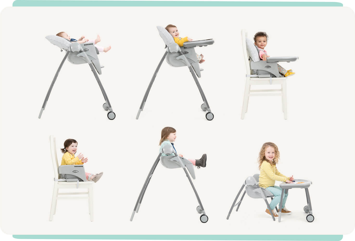 6 Multiply Hochstühle mit Liege- und Sitzfunktion, Sitzerhöhung mit Tablett auf Stuhl, Sitzerhöhung ohne Tablett auf Stuhl, Sitzerhöhung auf Hochstuhlbeinen und Kleinkindersitz mit Sitztablett. 