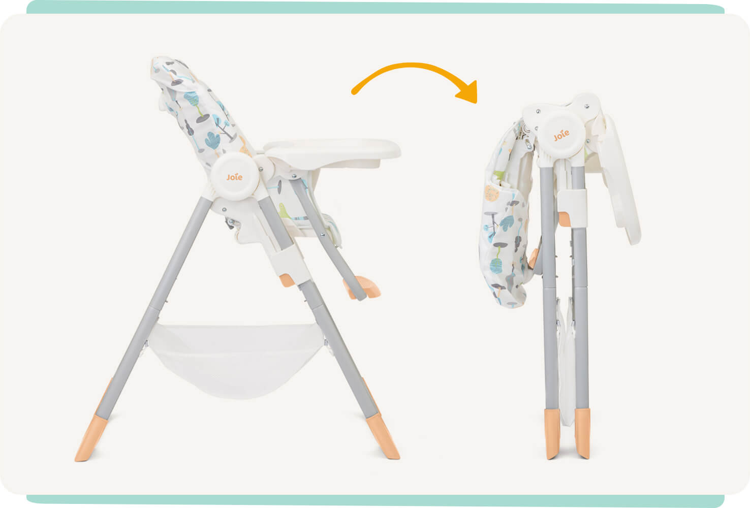 Two Joie Snacker 2in1 highchairs in a multi-color print featuring illustrations of different trees from a side view. One is pictured upright and the other is pictured folded with an arrow between them to indicate a compact fold.