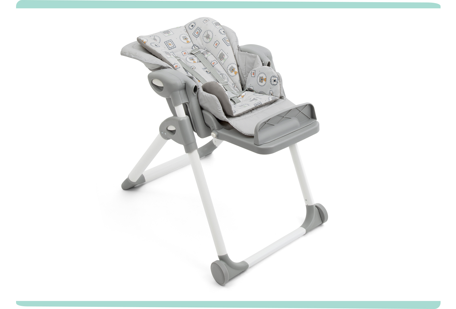 Overhead view of a Mimzy Recline highchair facing at an angle with the seat fully reclined and tray removed.
