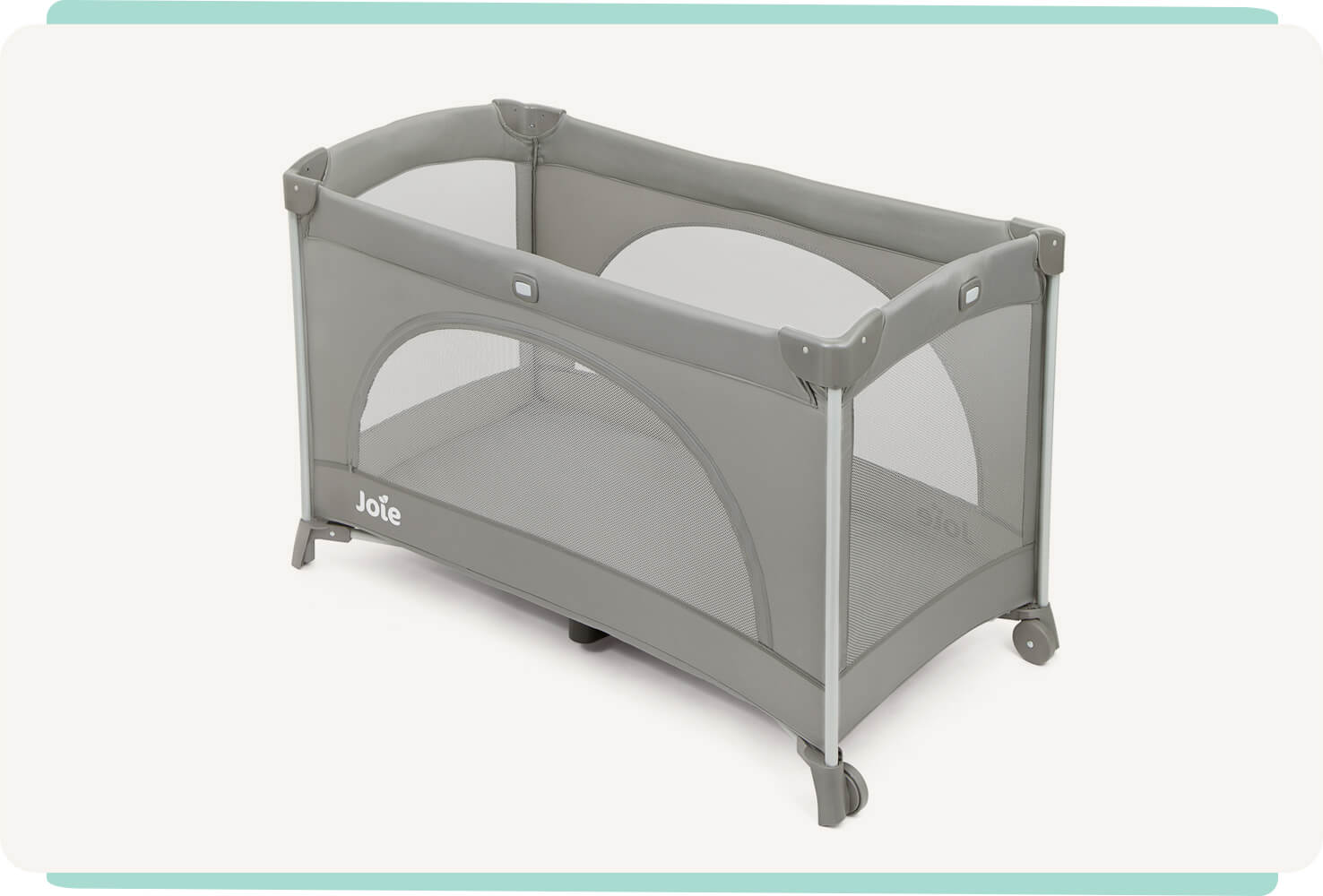 The Joie travel cot allura in grey, pink, and pink flower pattern at a right angle.