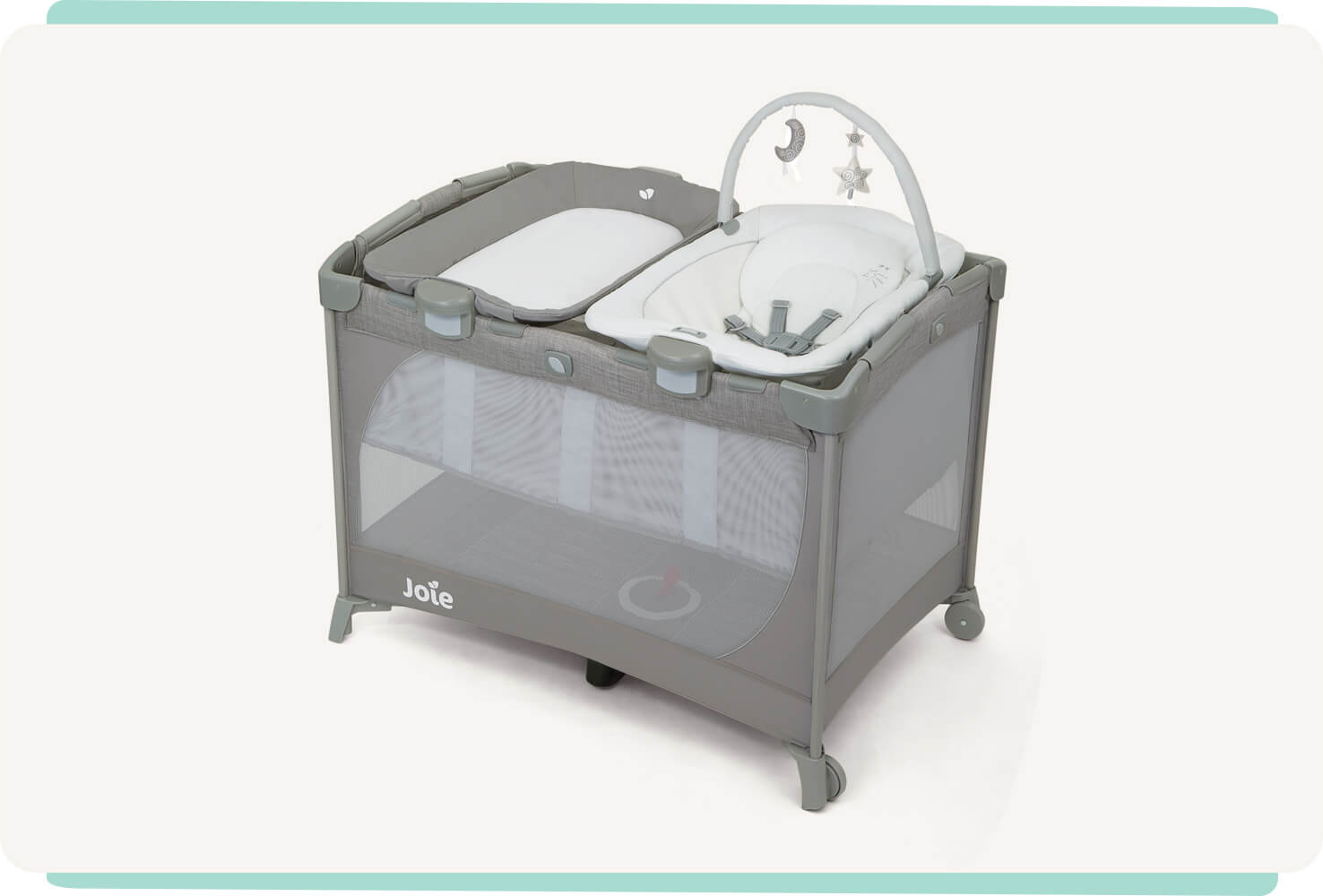 Joie travel cot commuter change & bouncer in grey with bassinet, changer, and bouncer seat at a right angle.