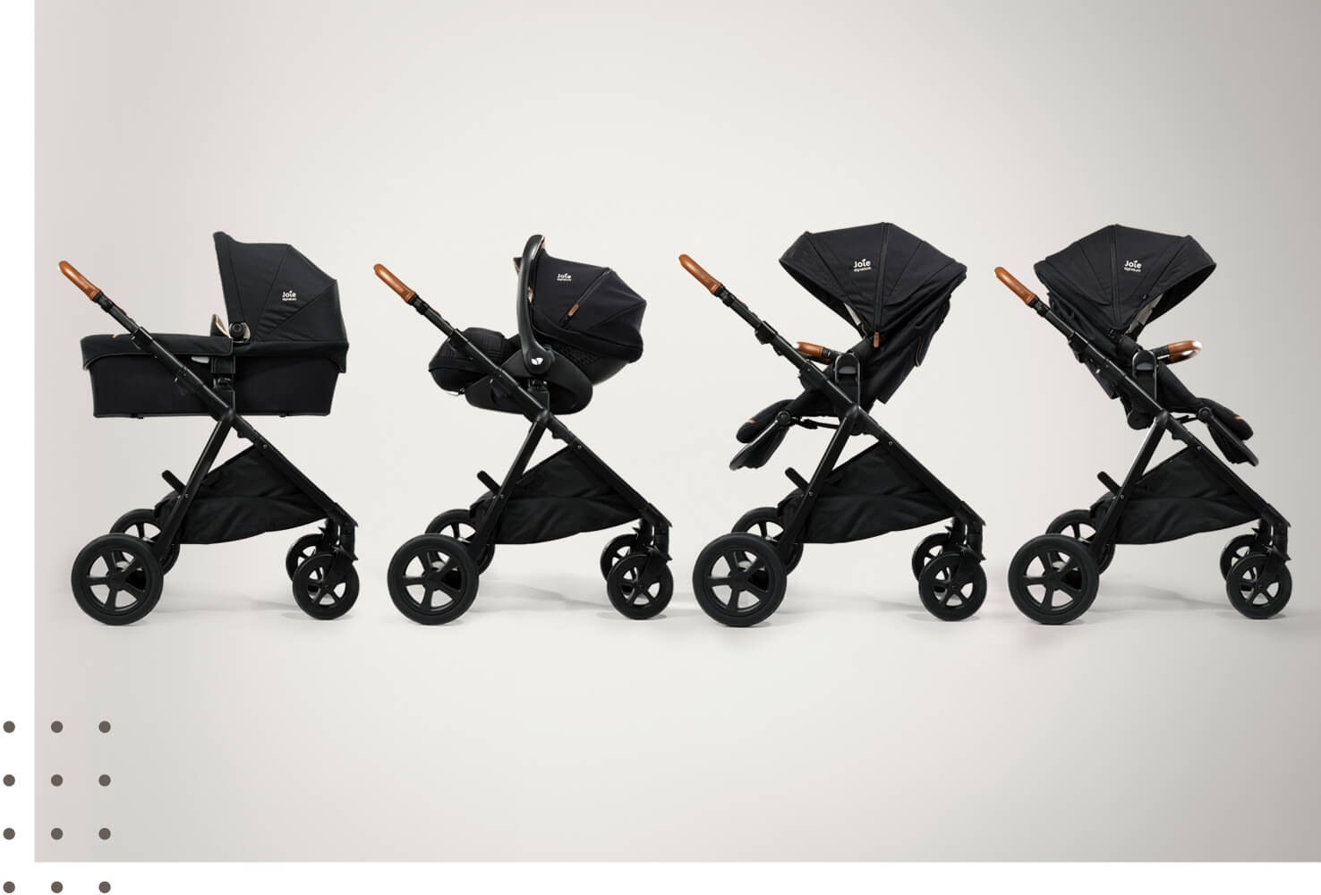 Joie aeria pram in light gray demonstrating the four modes; carry cot, infant carrier, parent-facing and world-facing seat. 
