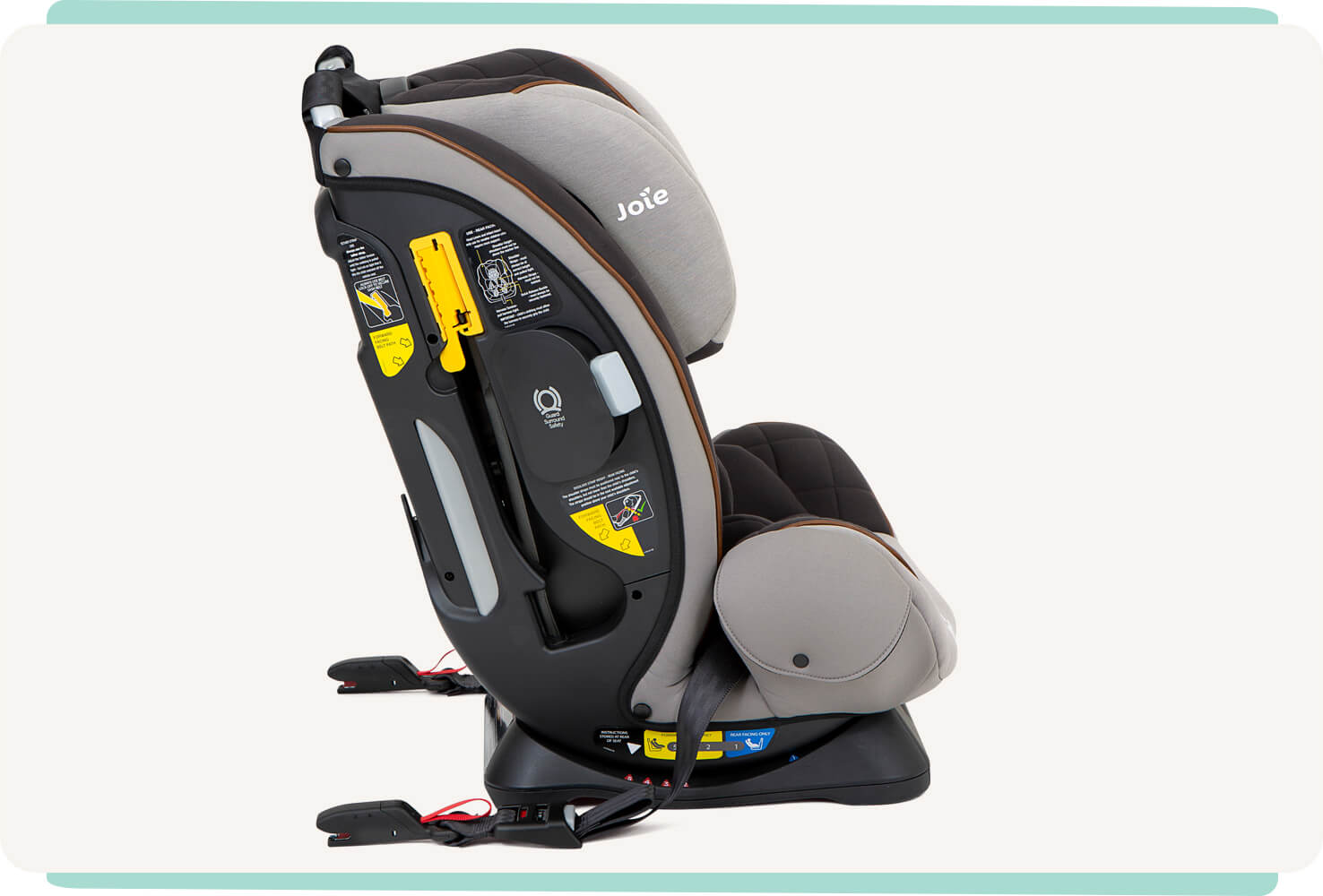 Joie armour fx car seat in black with gray details from the right profile view with headrest fully lowered and ISOFIX connectors in view. 