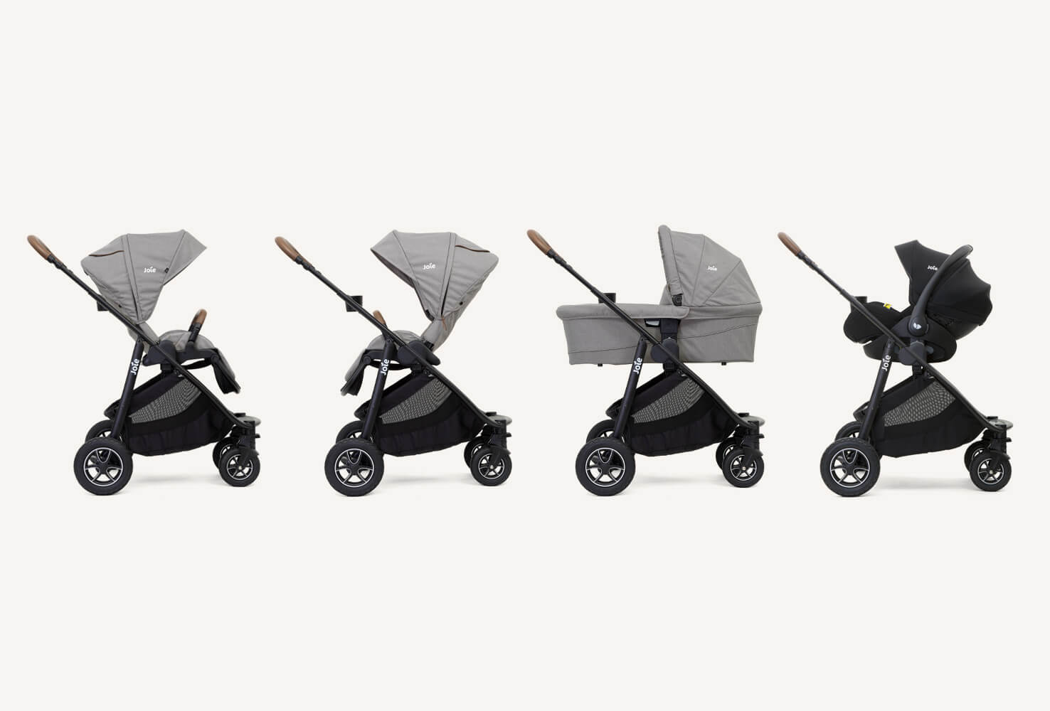  Four light gray and black Joie versatrax prams displaying the different pushchair modes.