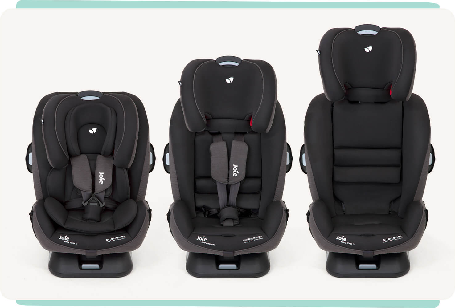 4 children of different ages sitting side by side in gray Joie Every Stage FX car seats: from left to right a baby, young toddler, young child, and older child.