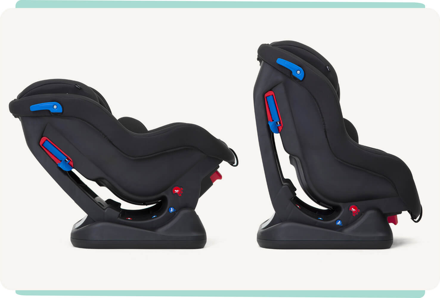 Two Joie Steadi car seat, one on the right that is full reclined postion and one on the right has the highest position headrest with black colour, at a side angle.