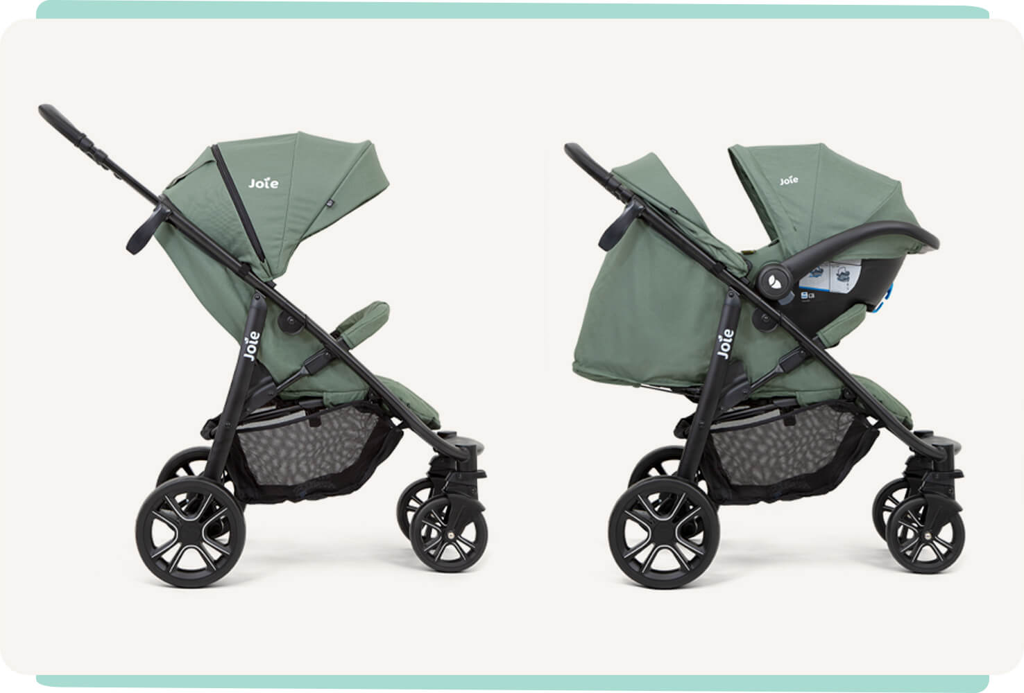 2 grüne litetrax 4 dlx Kinderwagen im Profil, die verschiedene Verwendungsmodi zeigen: Kinderwagen und Kinderwagen mit Babyschale.