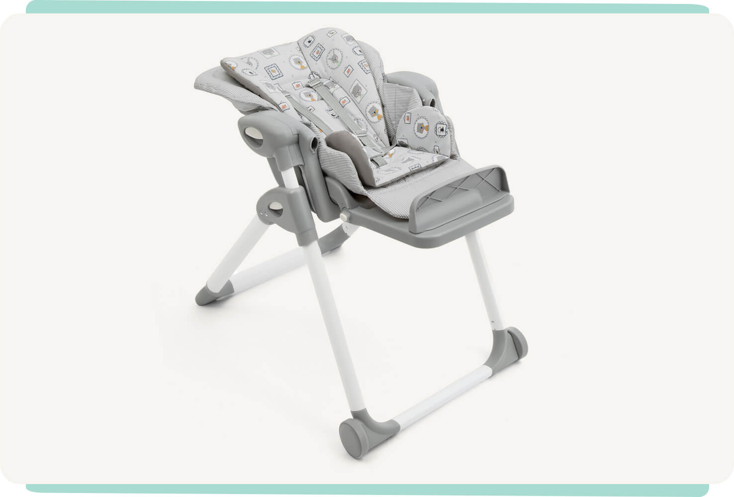 Overhead view of a Mimzy Recline highchair facing at an angle with the seat fully reclined and tray removed.