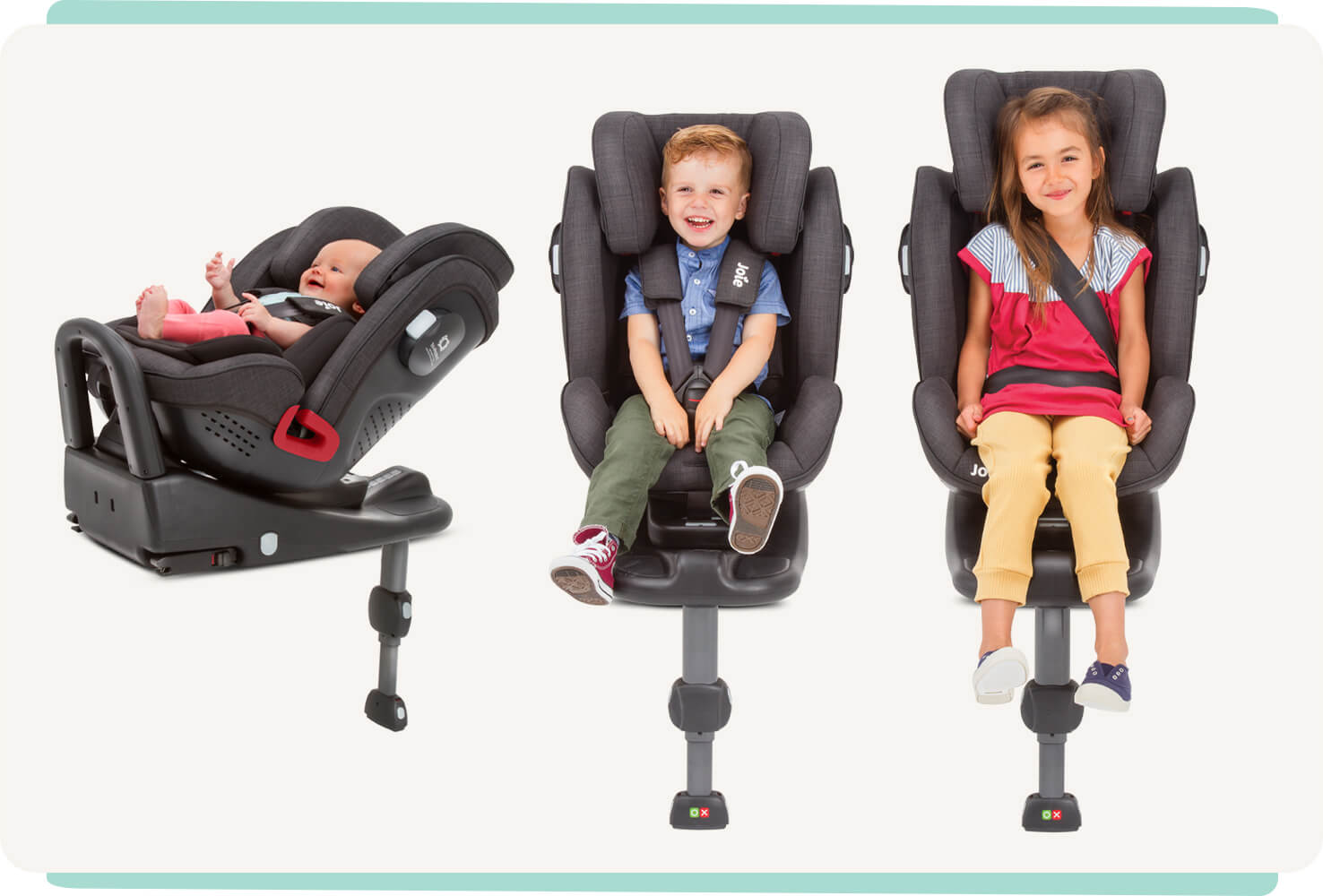 Three Joie stages ISOFIX car seats in black with three children in them of increasing age.  
