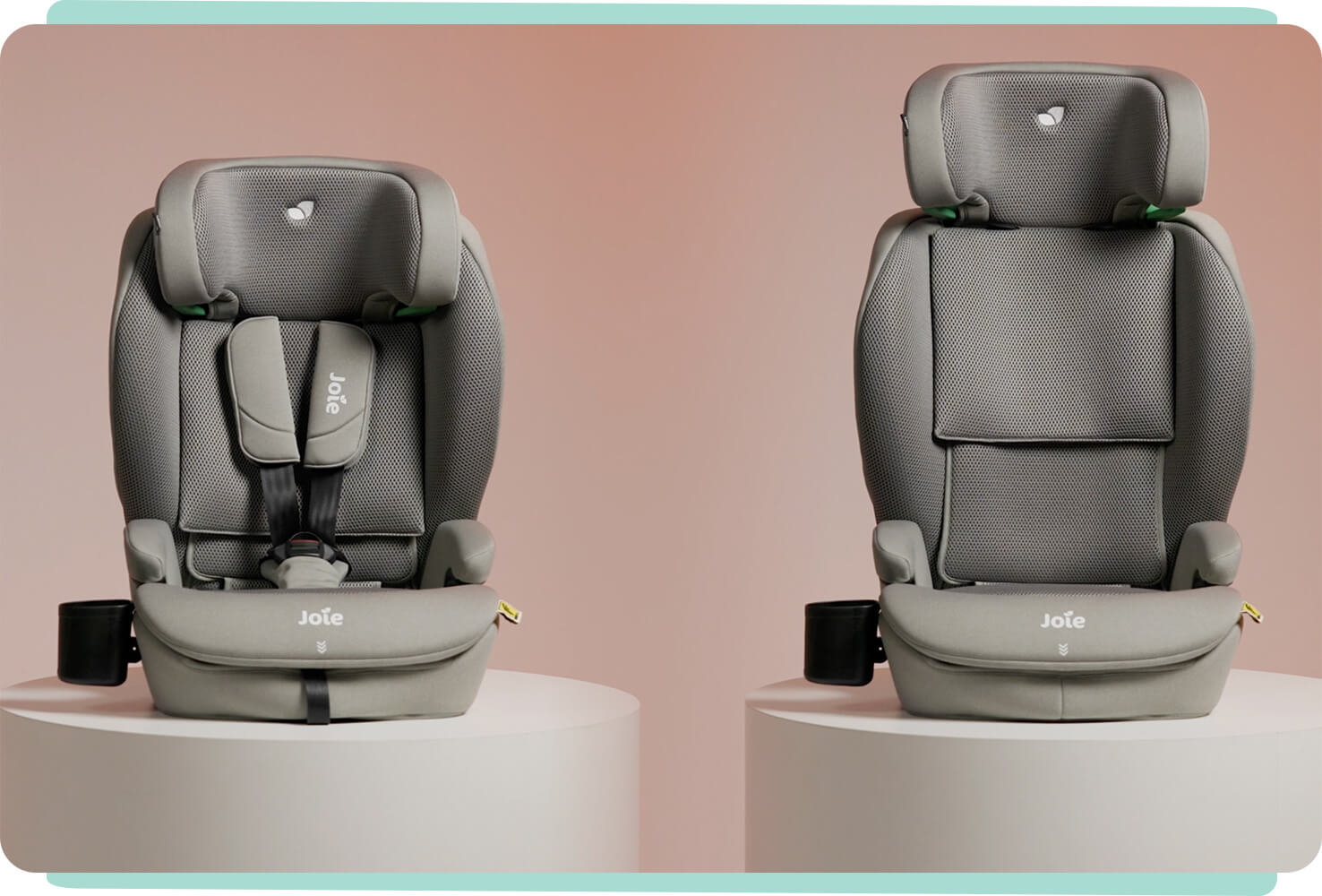 Image of i-Irvana Max car seat in harness mode next to image of i-Irvana Max car seat in booster mode