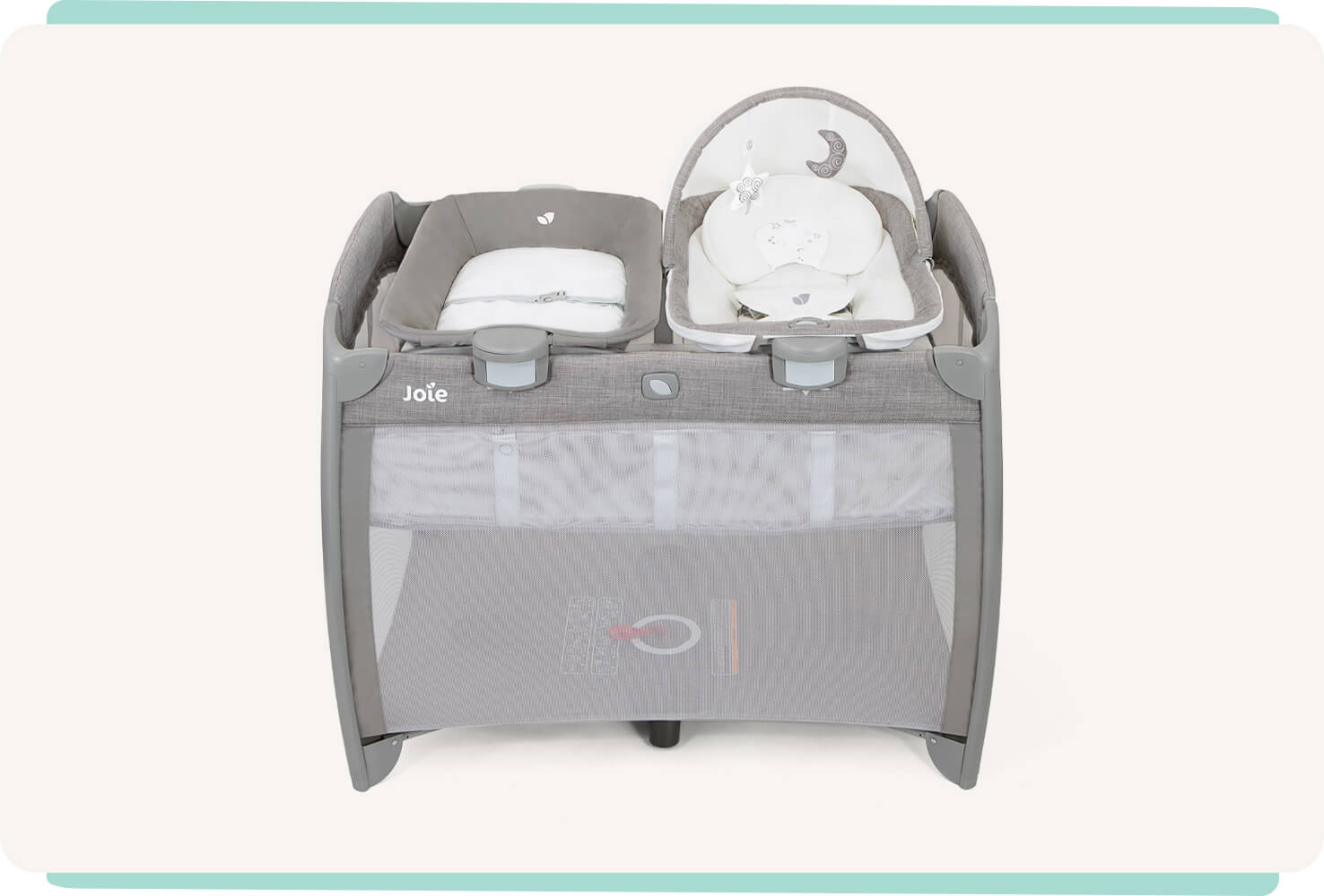  Joie excursion change and rock travel cot in gray with cartoon imagery with changer and rock removed straight on.