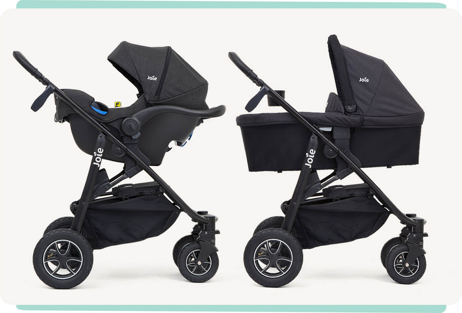 Joie mytrax stoller in black with infant carrier facing left next to mytrax stroller in black with a carry cot facing left. 