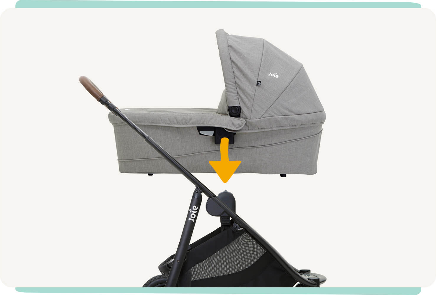  Joie Ramble xl carry cot in light gray hovering over pushchair with an arrow pointing to the connector. 