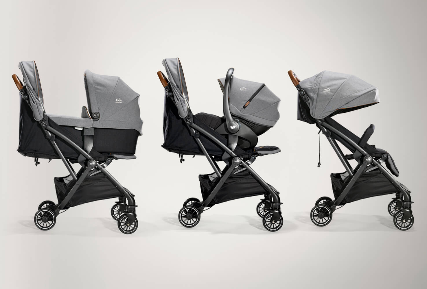 Joie tourist stroller in light gray in its three modes; carry cot, infant carrier and forward-facing seat.