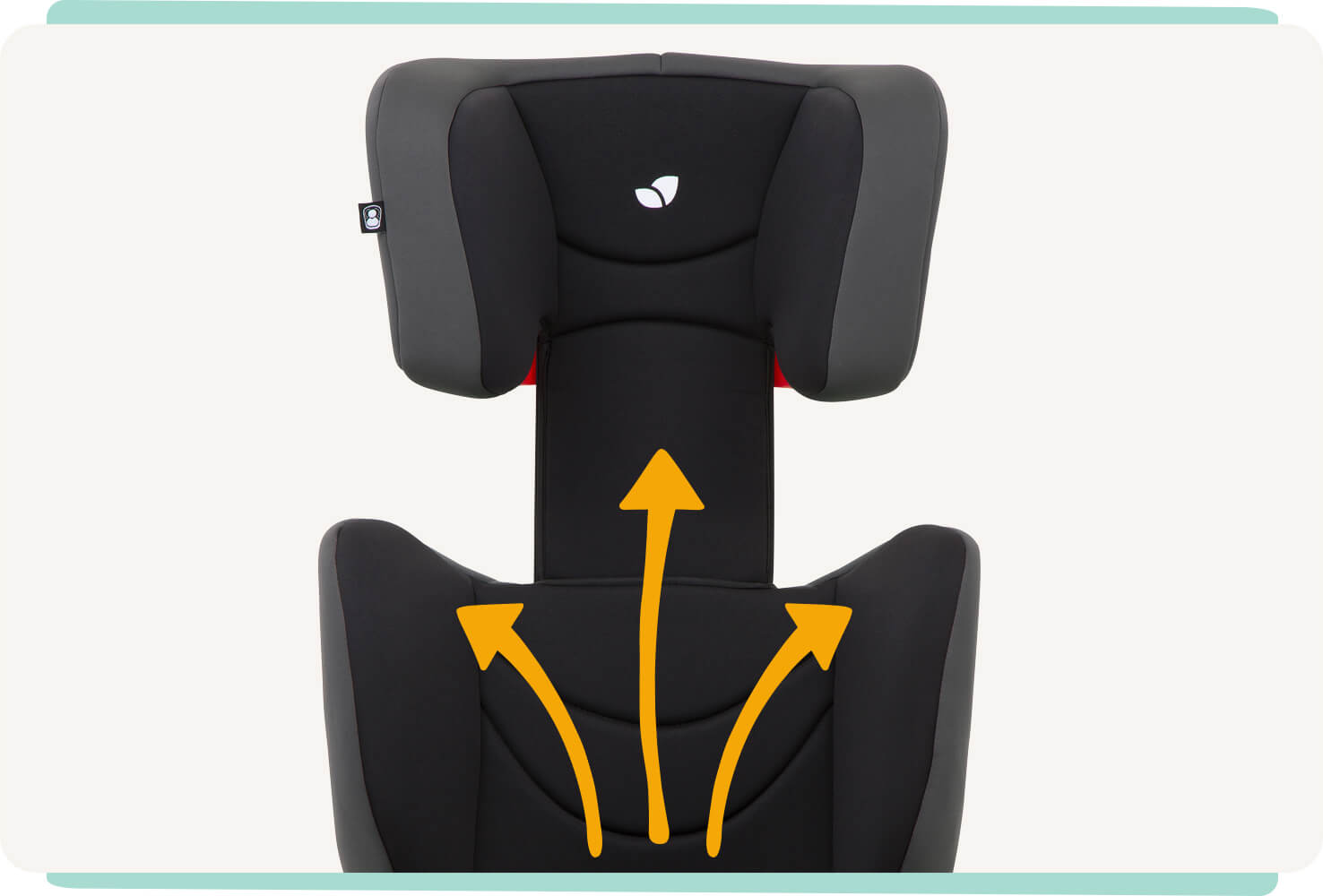 Zoomed in view of the headrest on Joie trillo booster seat with three orange arrows displaying the different headrest positions.