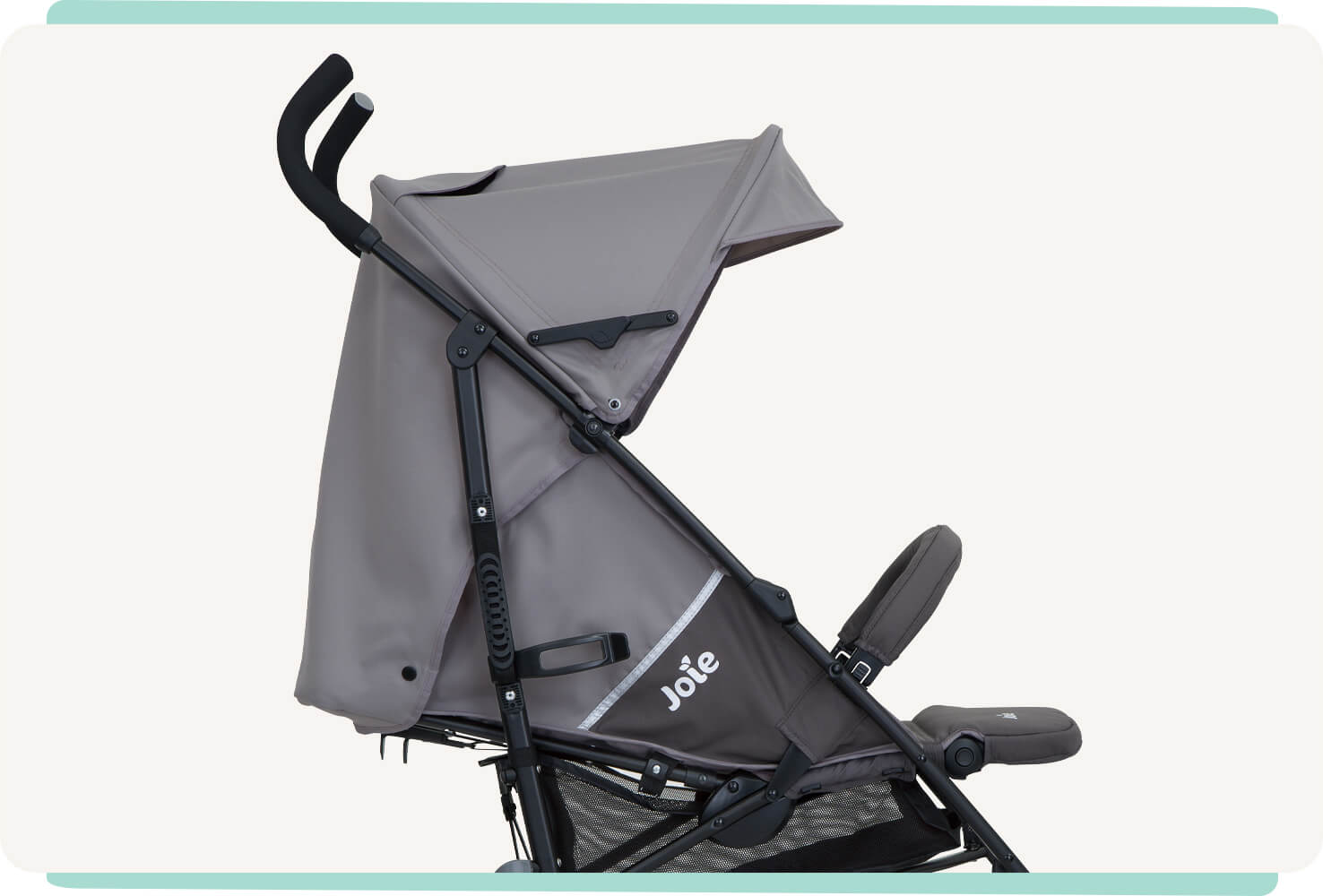  Zoomed in side profile of dark gray Joie nitro lx stroller.