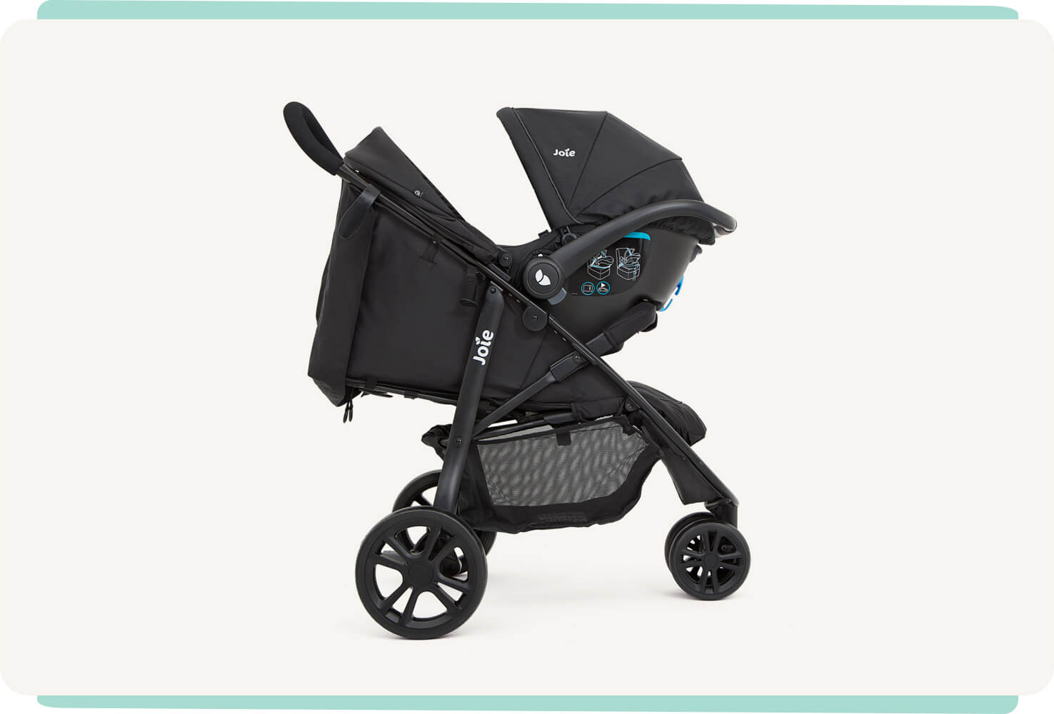   Joie litetrax 3 travel system in black with gemm infant carrier at an angle.