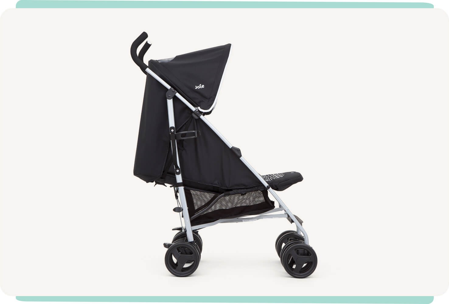   Side profile of Joie black and white nitro stroller.