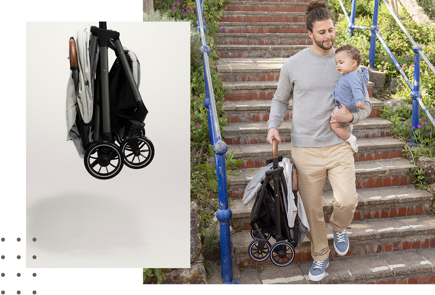 A folded Joie Parcel pushchair on a taupe background. A dad walking down a set of concrete stairs holding a folded Parcel pushchair in his right hand and a baby in his left arm