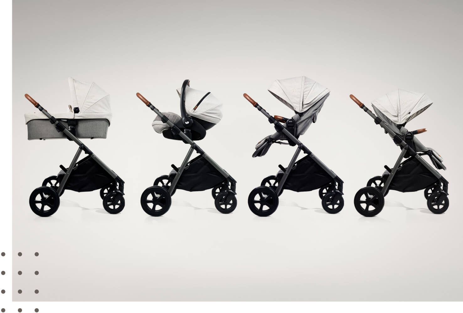 Joie aeria pram in light gray demonstrating the four modes; carry cot, infant carrier, parent-facing and world-facing seat. 