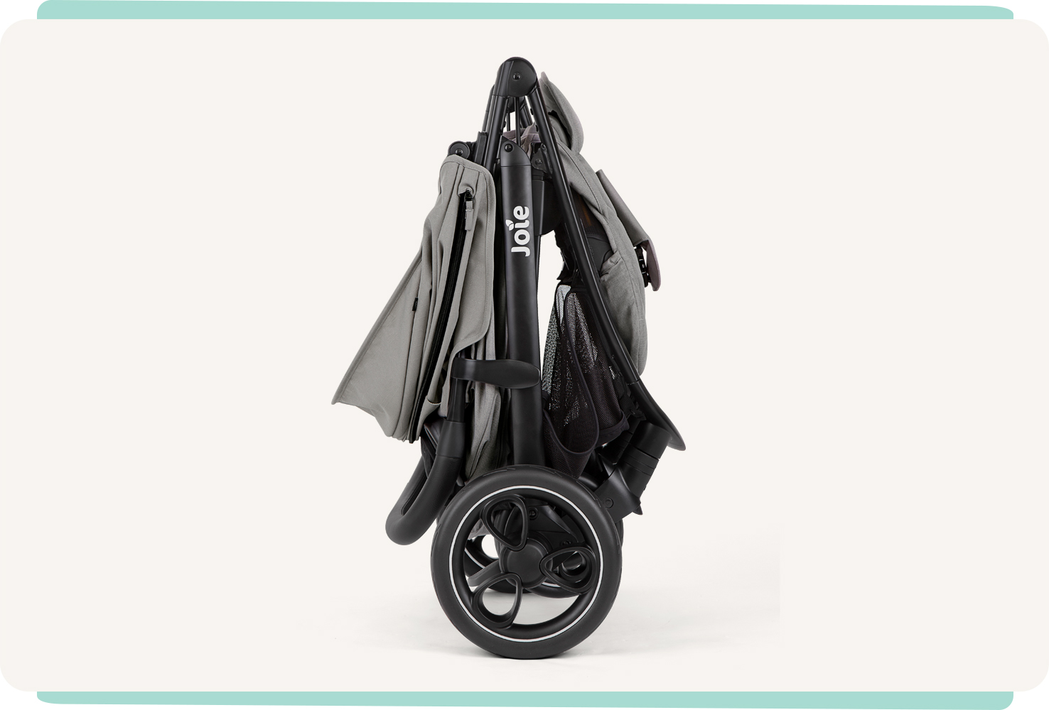 JoIe gray litetrax stroller folded. Joie litetrax pro Kinderwagen in grau gefaltet.