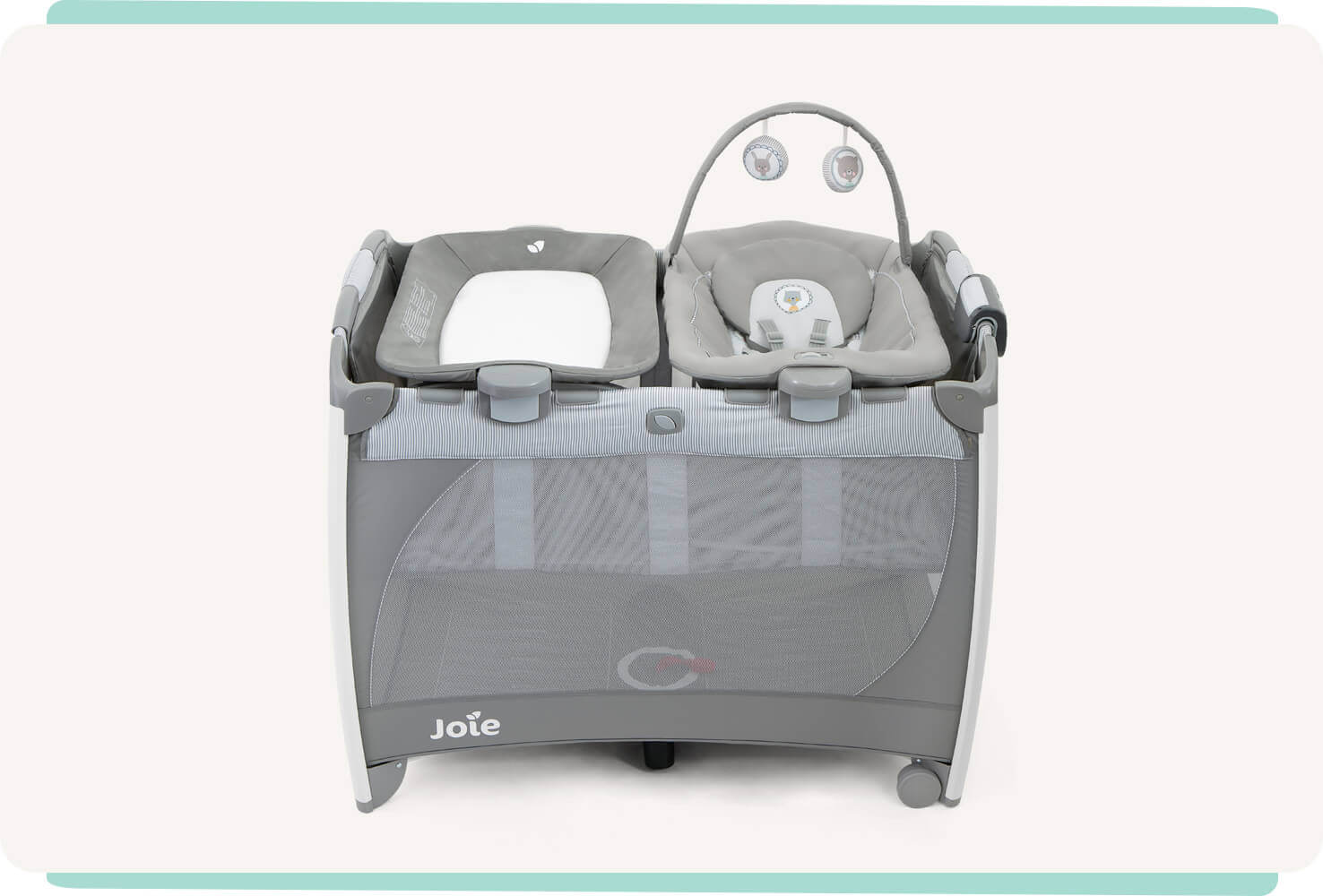 Joie excursion change and bounce travel cot in gray with cartoon imagery with changer and bouncer removed straight on.