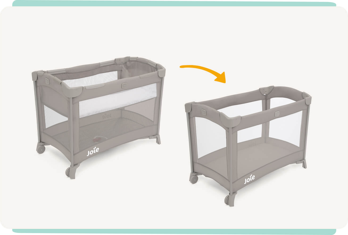 Two Joie Kubbie travel cots in tan, one with bassinet and one without.