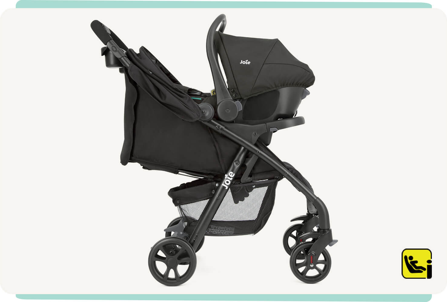  Joie i-Muze lx Reisesystem in Schwarz im Profil mit befestigter Babyschale.