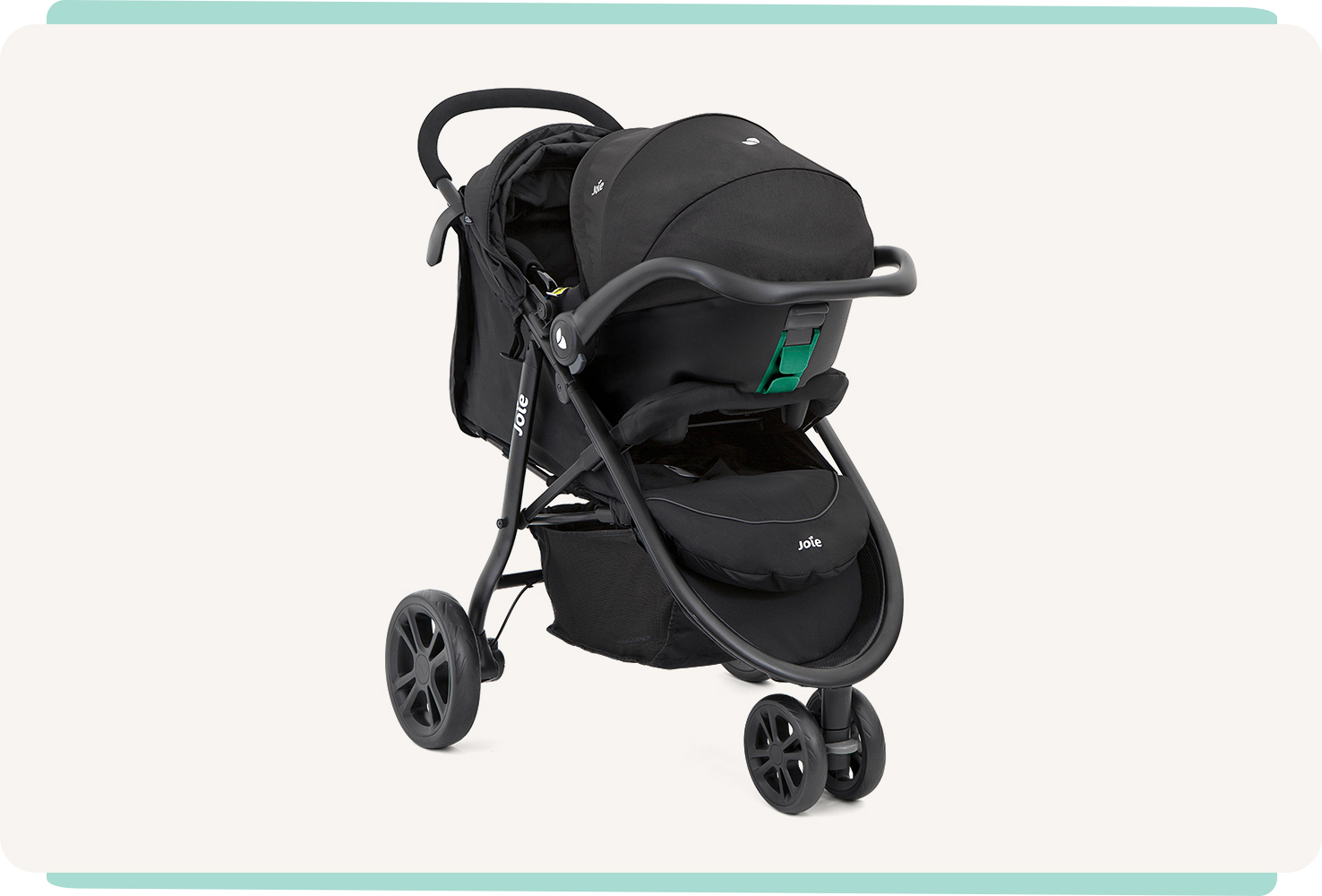 Joie Litetrax 3 pushchair in black with i-snug 2 infant car seat attached, at a right angle.
