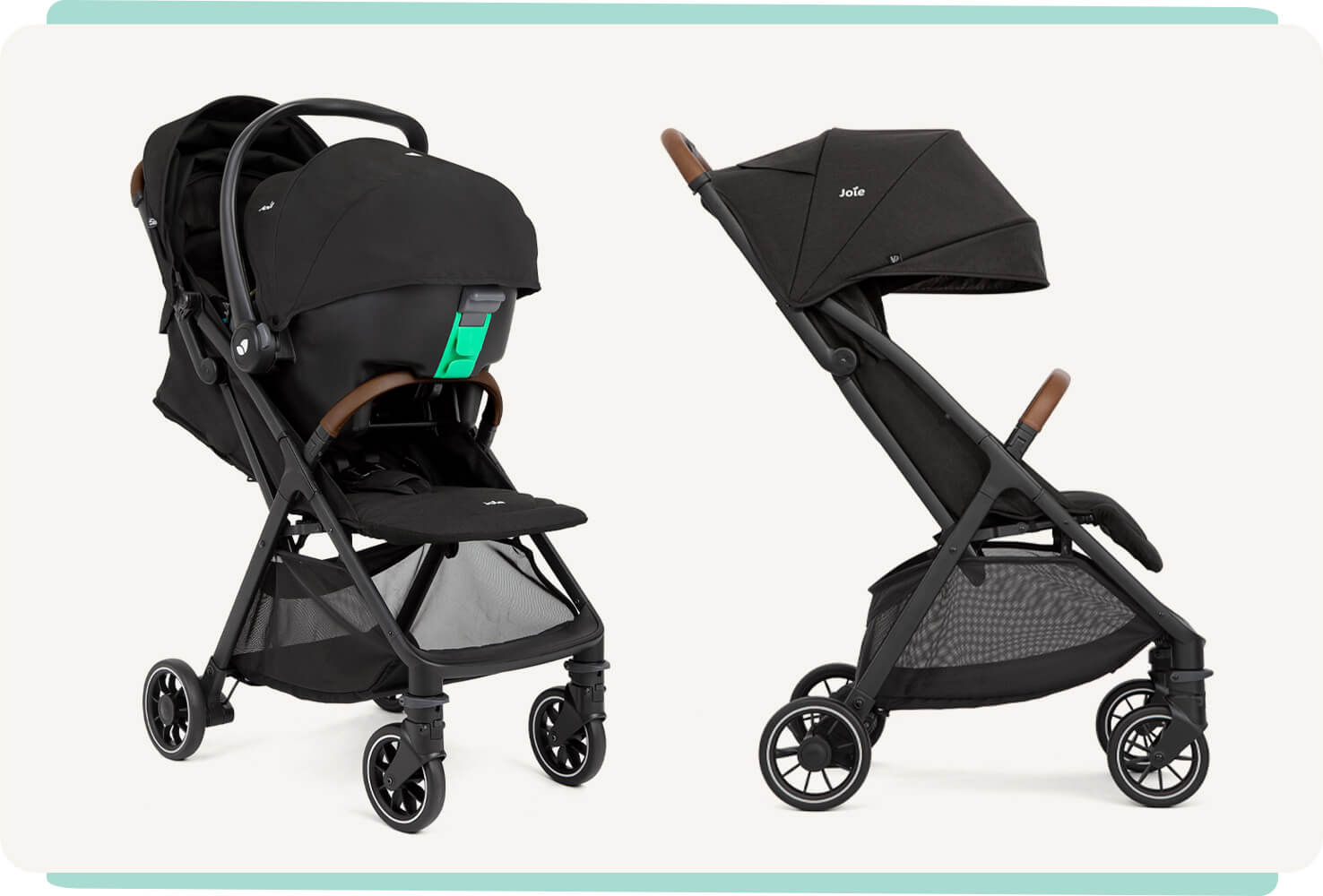 Joie pact pro travel system shown in three modes: with a carry cot, with the included i-Snug 2 baby car seat, and as a world-facing compact stroller.
