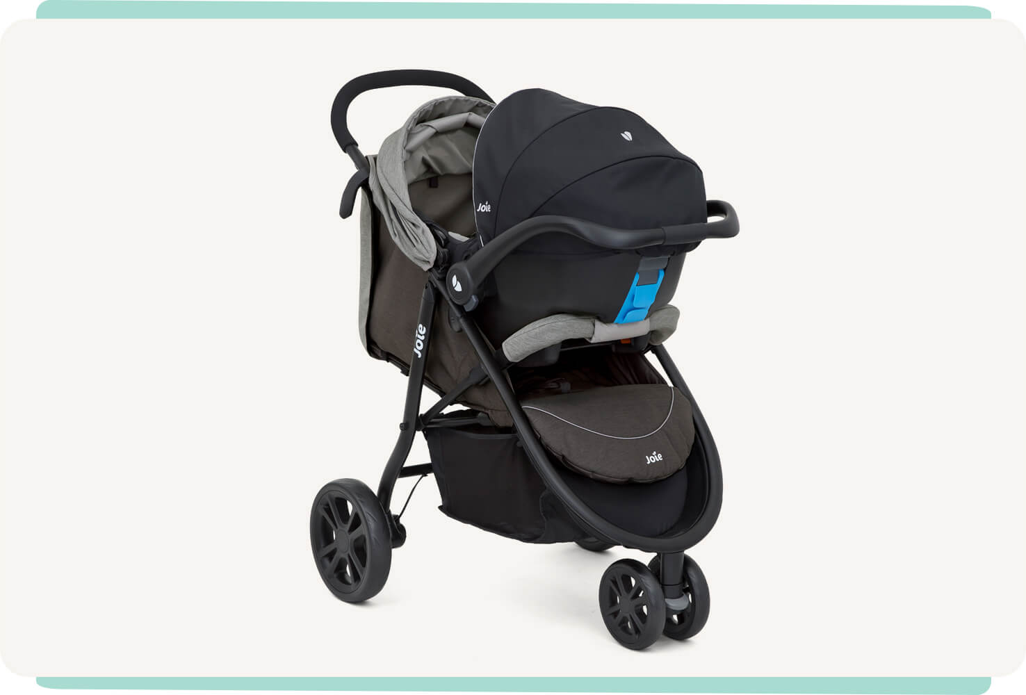   Joie litetrax 3 travel system in black with gemm infant carrier at an angle.