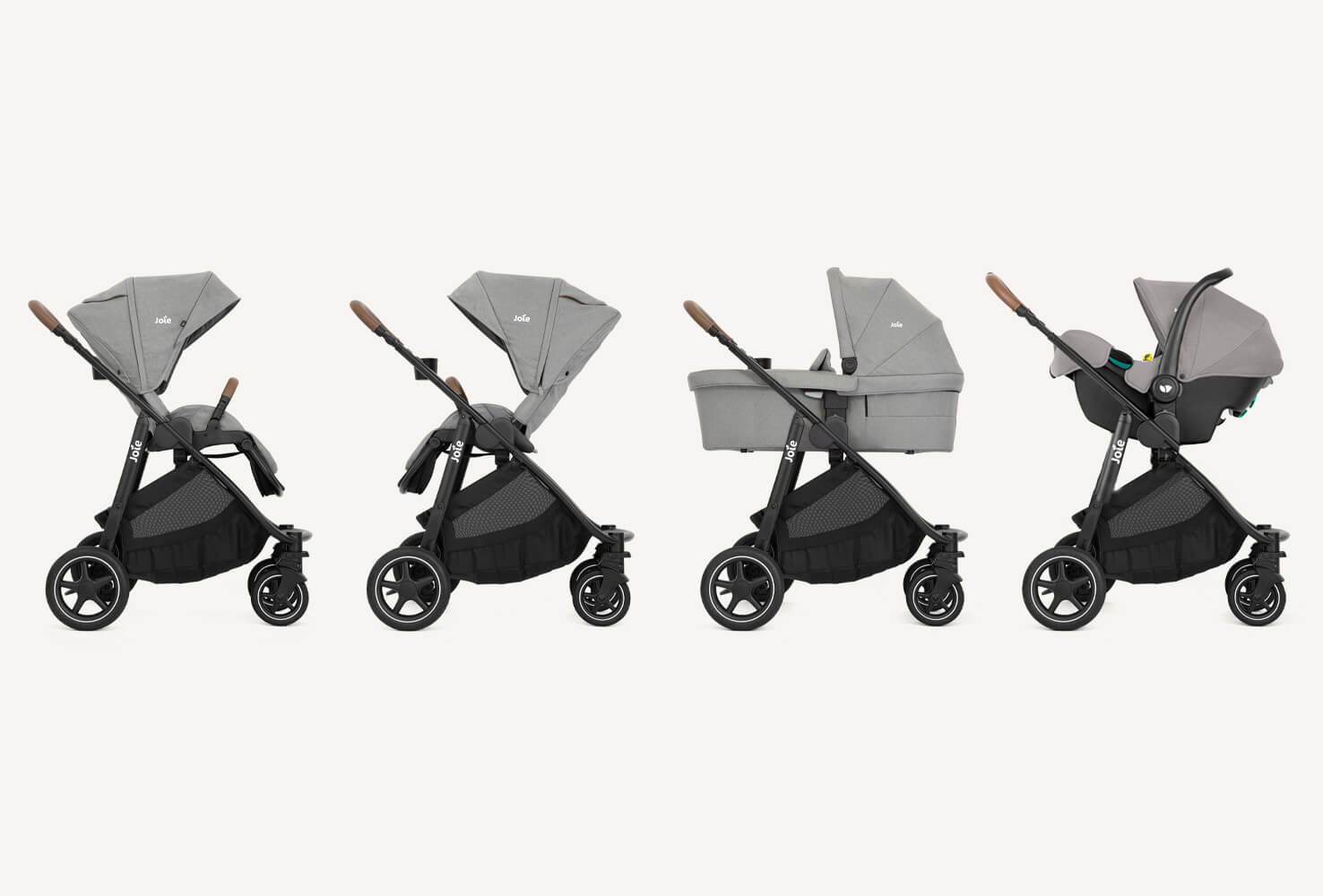 The four different modes of veratrax in grey. parent and forward facing, with the infant carrier, and with the carry cot. 
