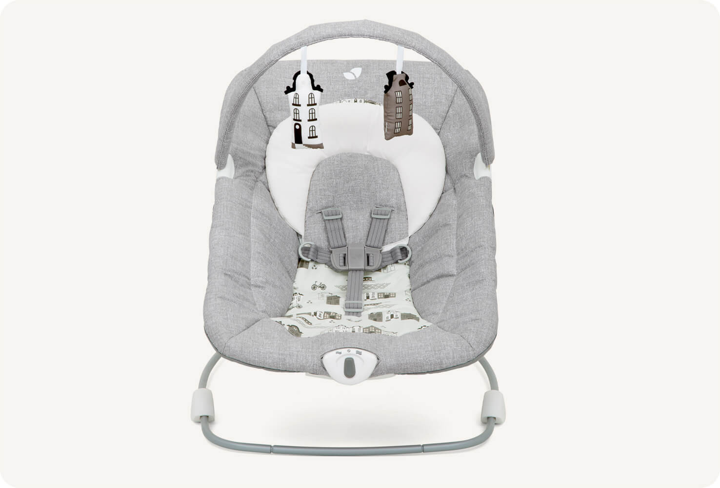   Frontal view of Joie light gray wish bouncer.