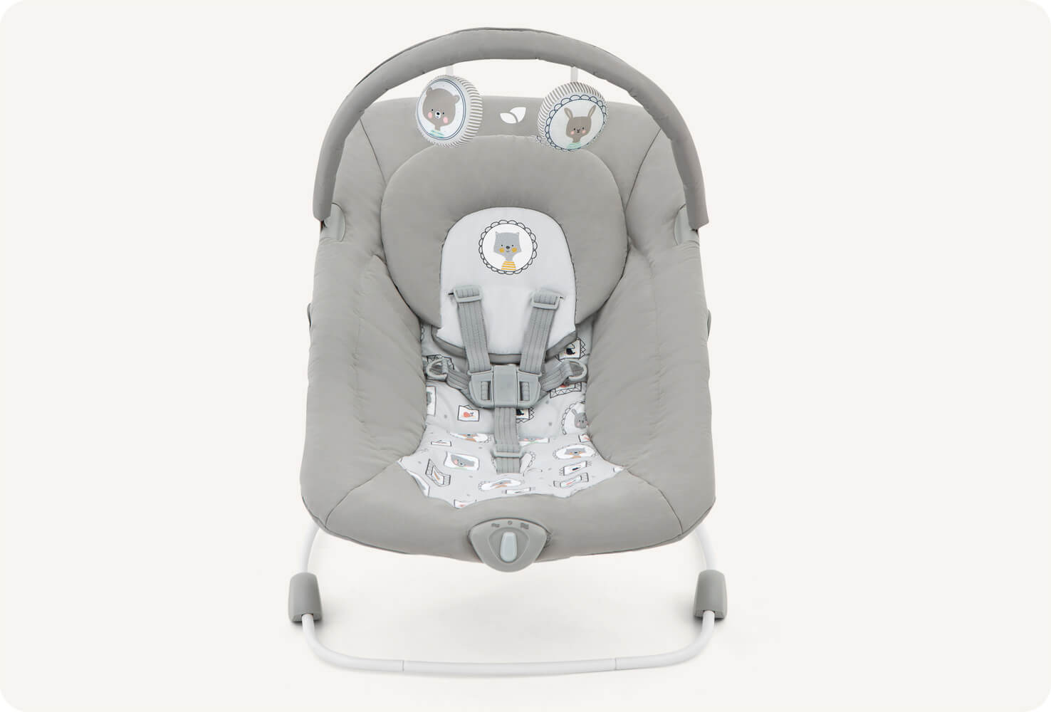   Frontal view of Joie light gray wish bouncer.