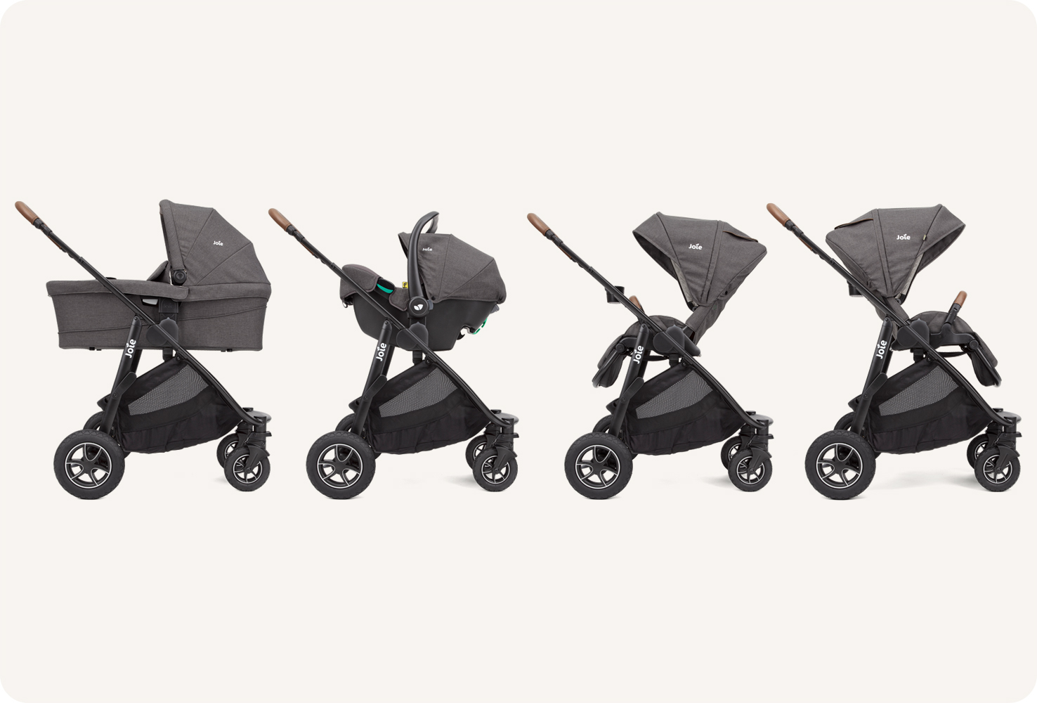  4 gray Joie Versatrax prams in profile. Showing the 4 modes from left to right: carry cot, infant car seat, parent facing pushchair, and world facing pushchair.