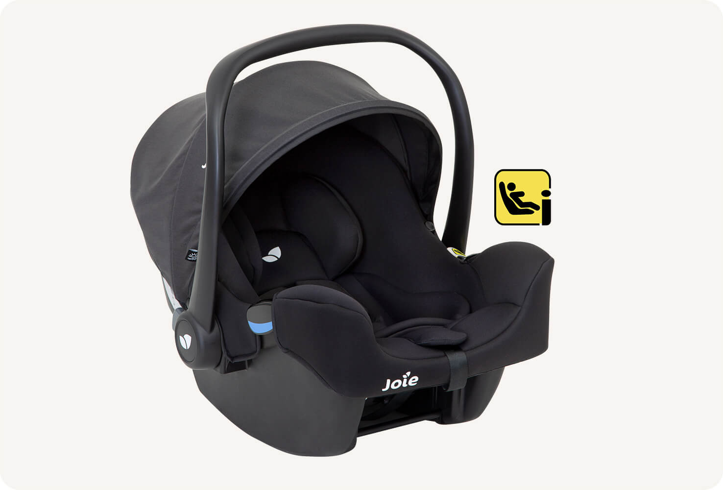  Joie I-Snug 2 infant car seat facing to the right at an angle with the I-Size logo beside the seat.