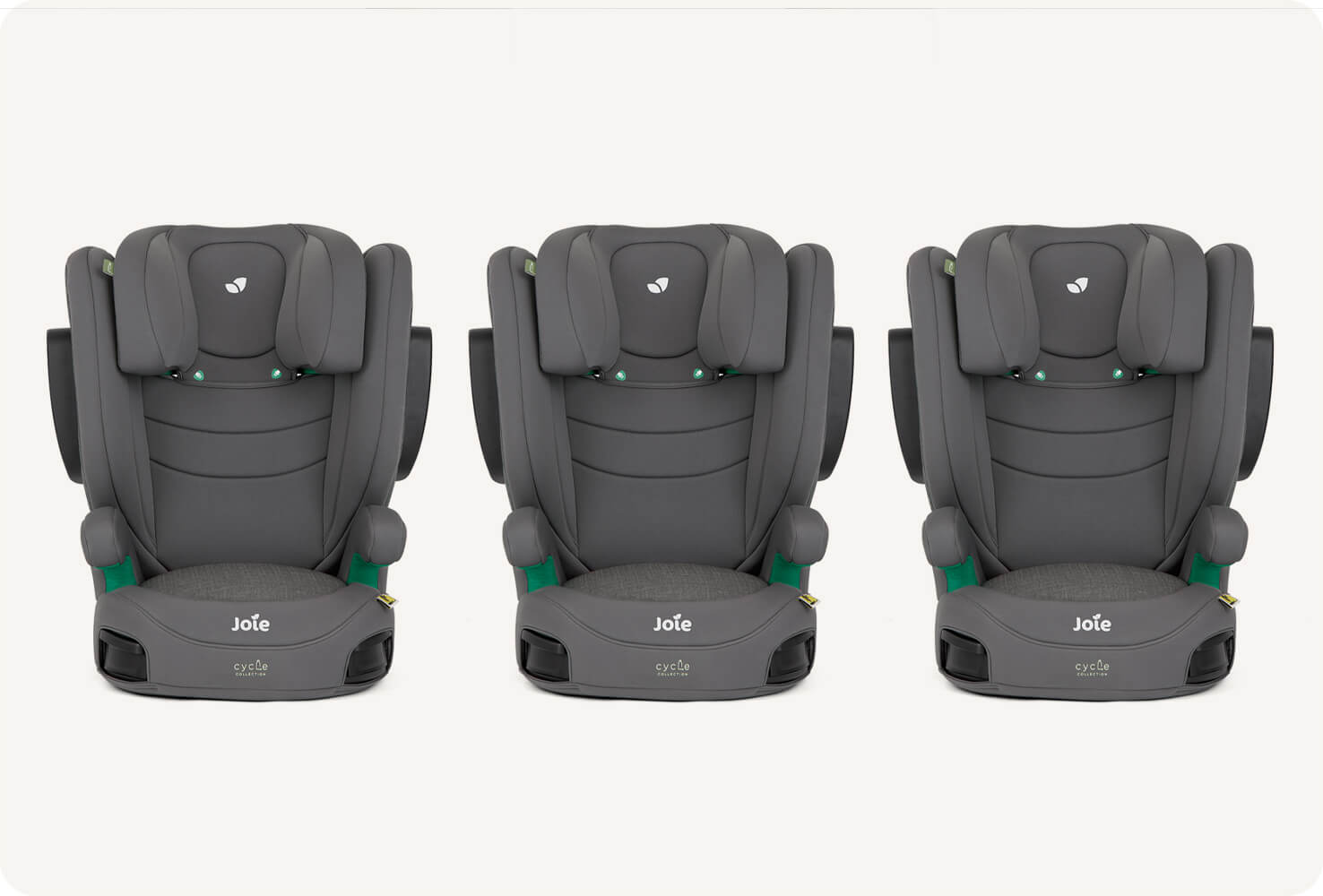   3 gray I-Trillo booster seats side by side, facing toward the right at an angle.