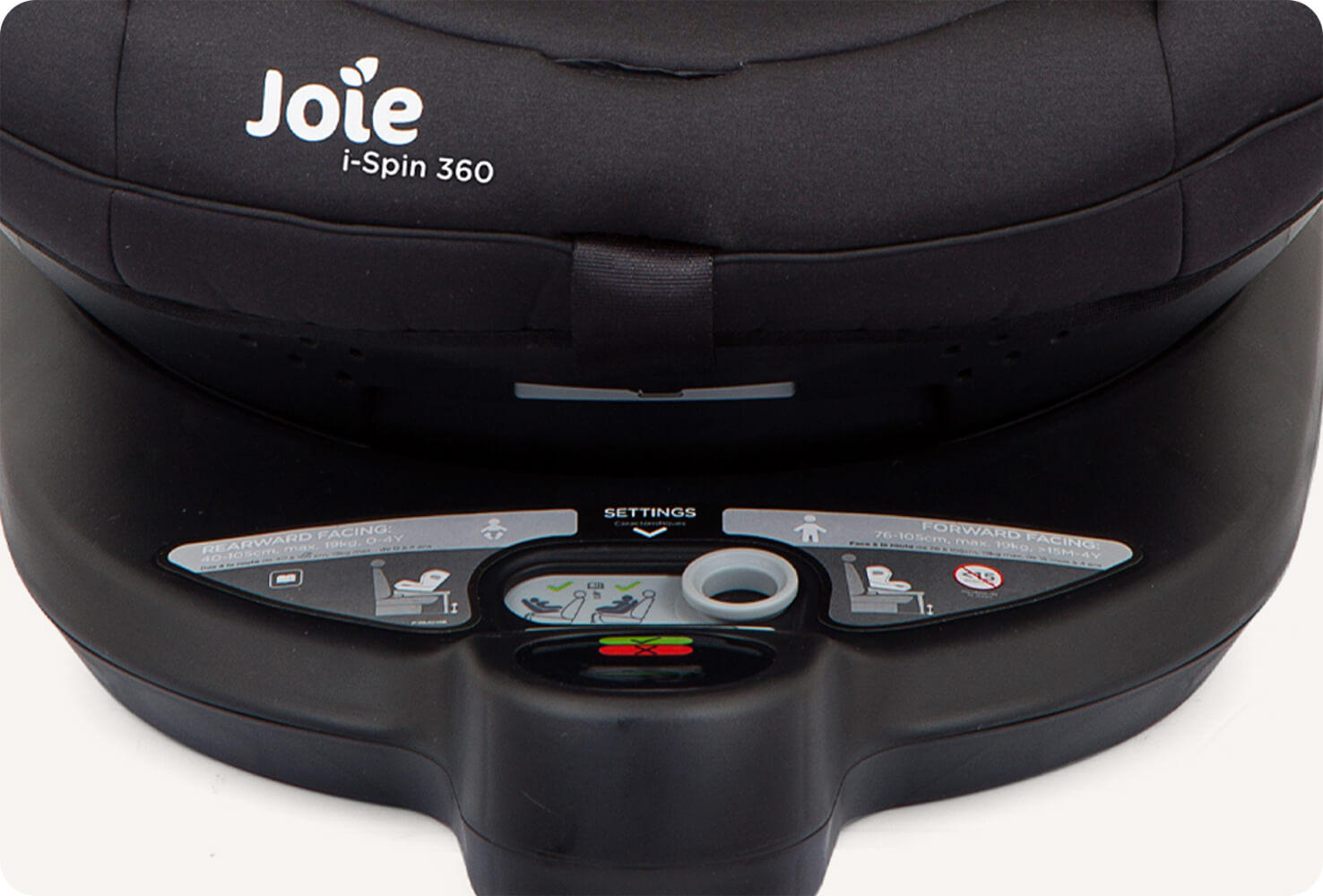 Closeup of the rearfacing lockoff button on the Joie I-Spin 360 car seat base.