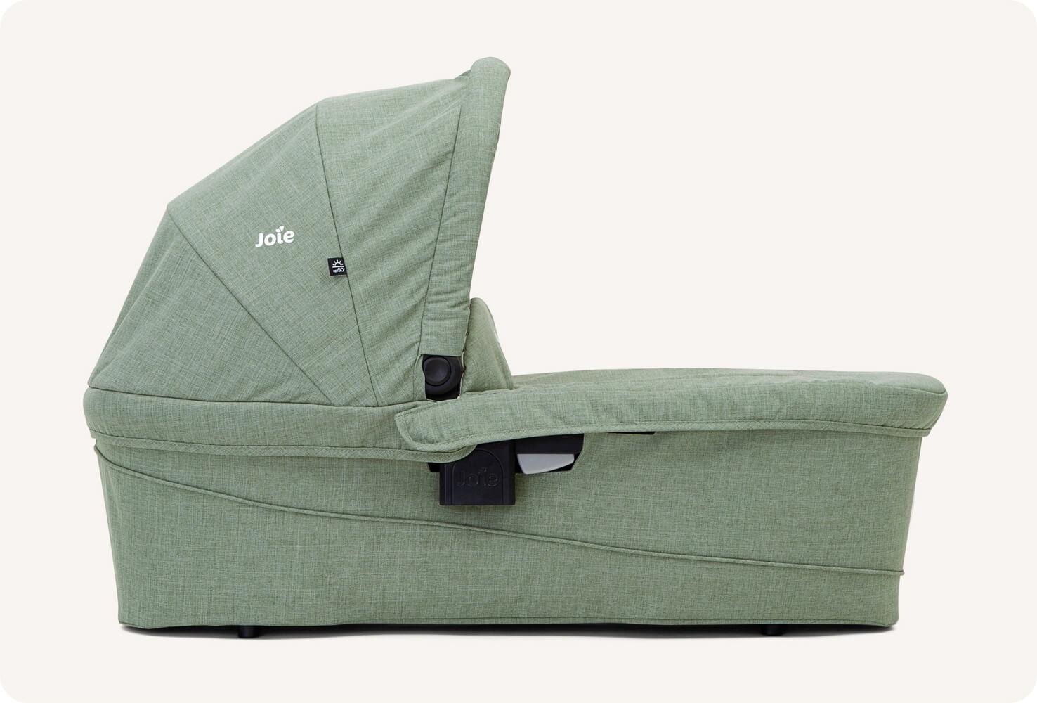  Joie Ramble xl carry cot in light green on side angle. 