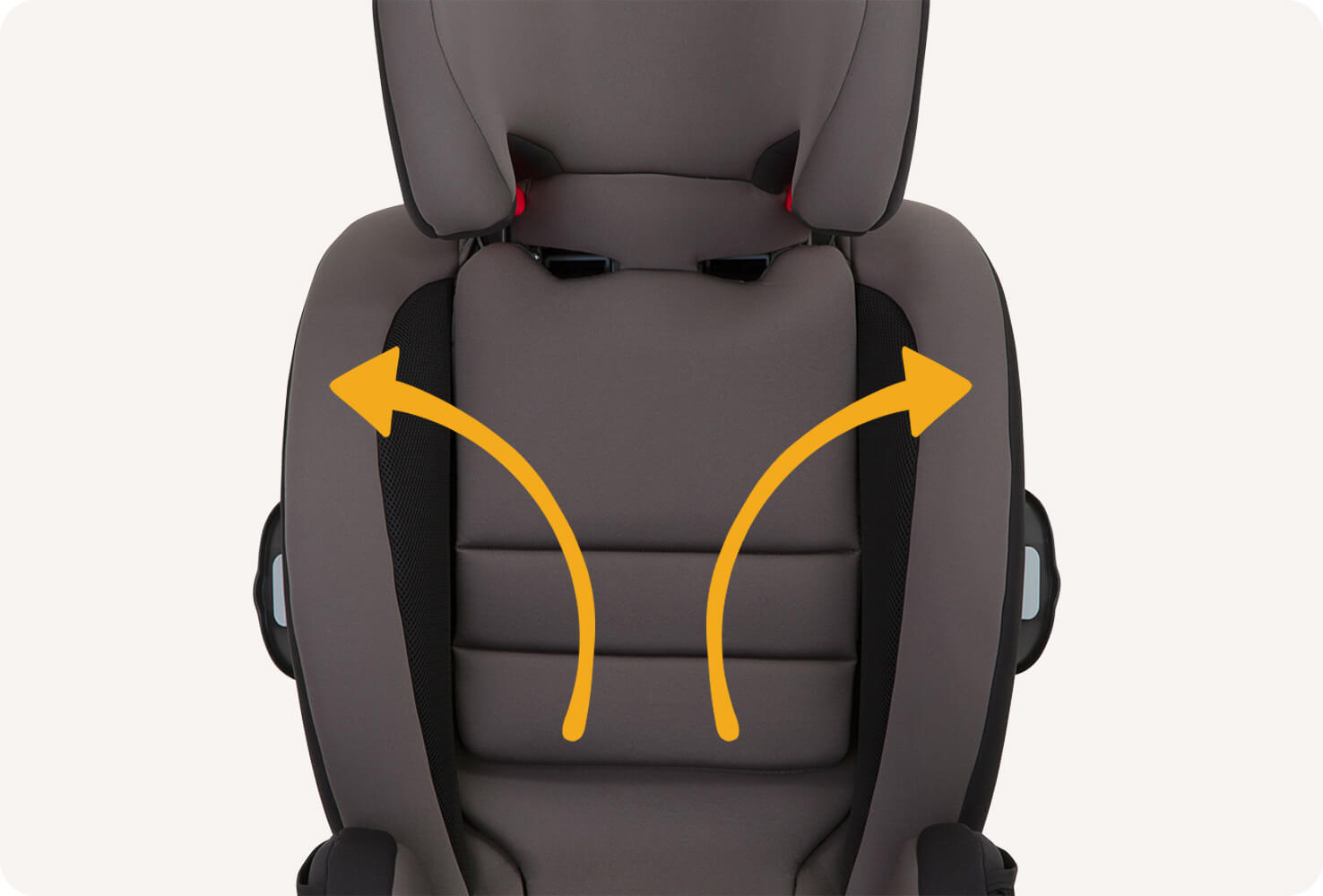 Closeup of a blue Joie Every Stage car seat headrest being raised, with orange arrows animating over the seat indicating upward and outward growth.
