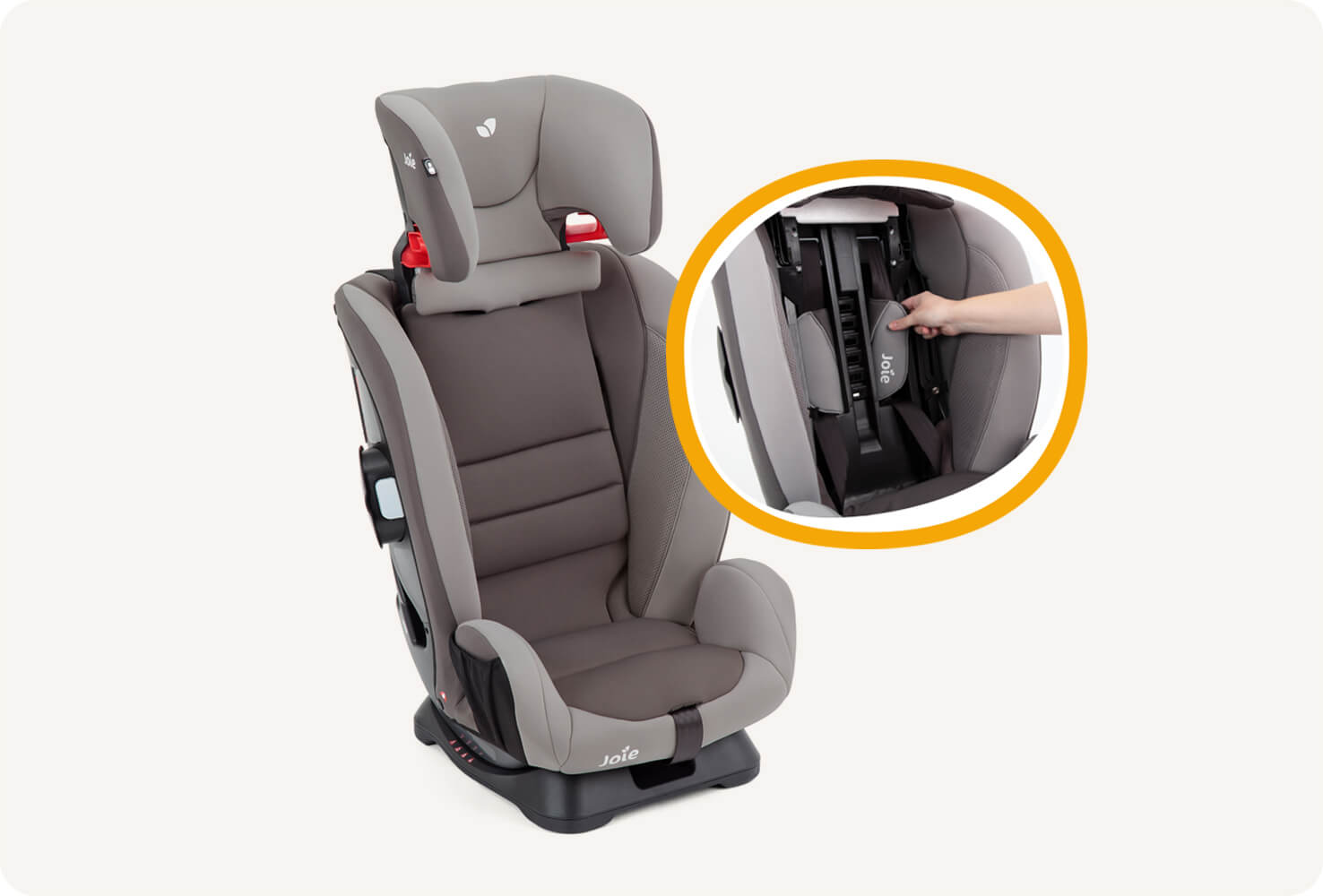 Right angle view of fortifi child car seat with an inset picture showing the harness storage behind the seat’s cover.