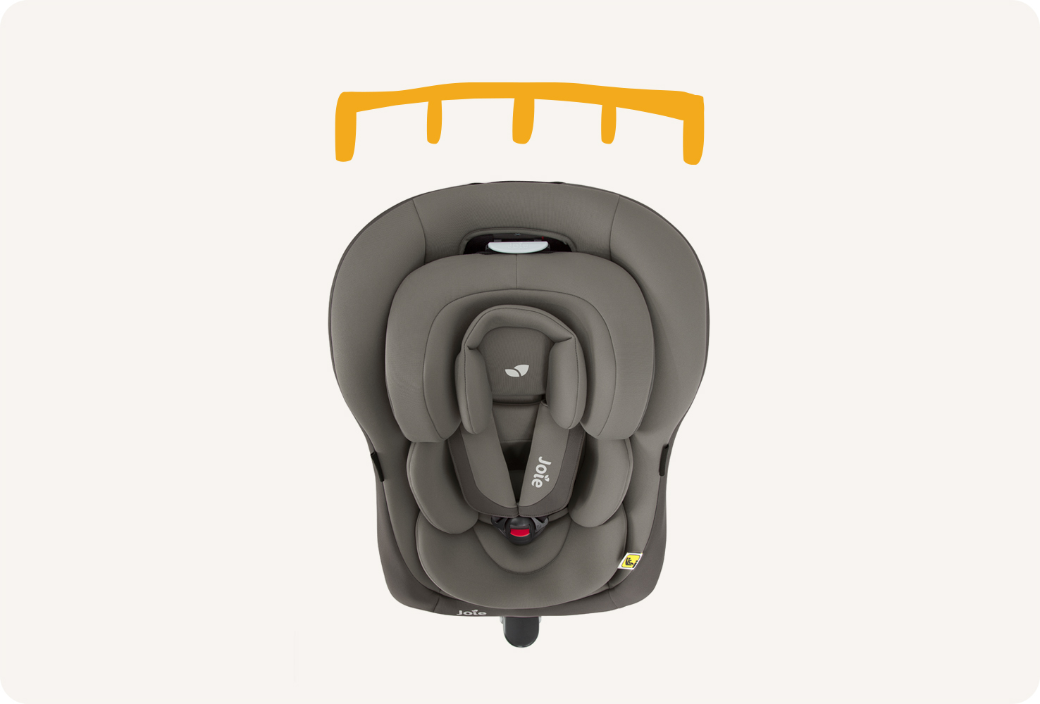   Joie spin 360 car seat in two-tone gray straight on with ruler icon above the seat.