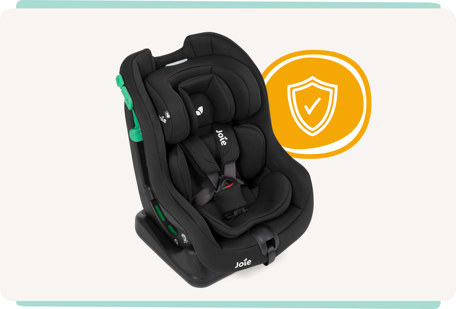 a black steadi r129 car seat with a mango check mark.
