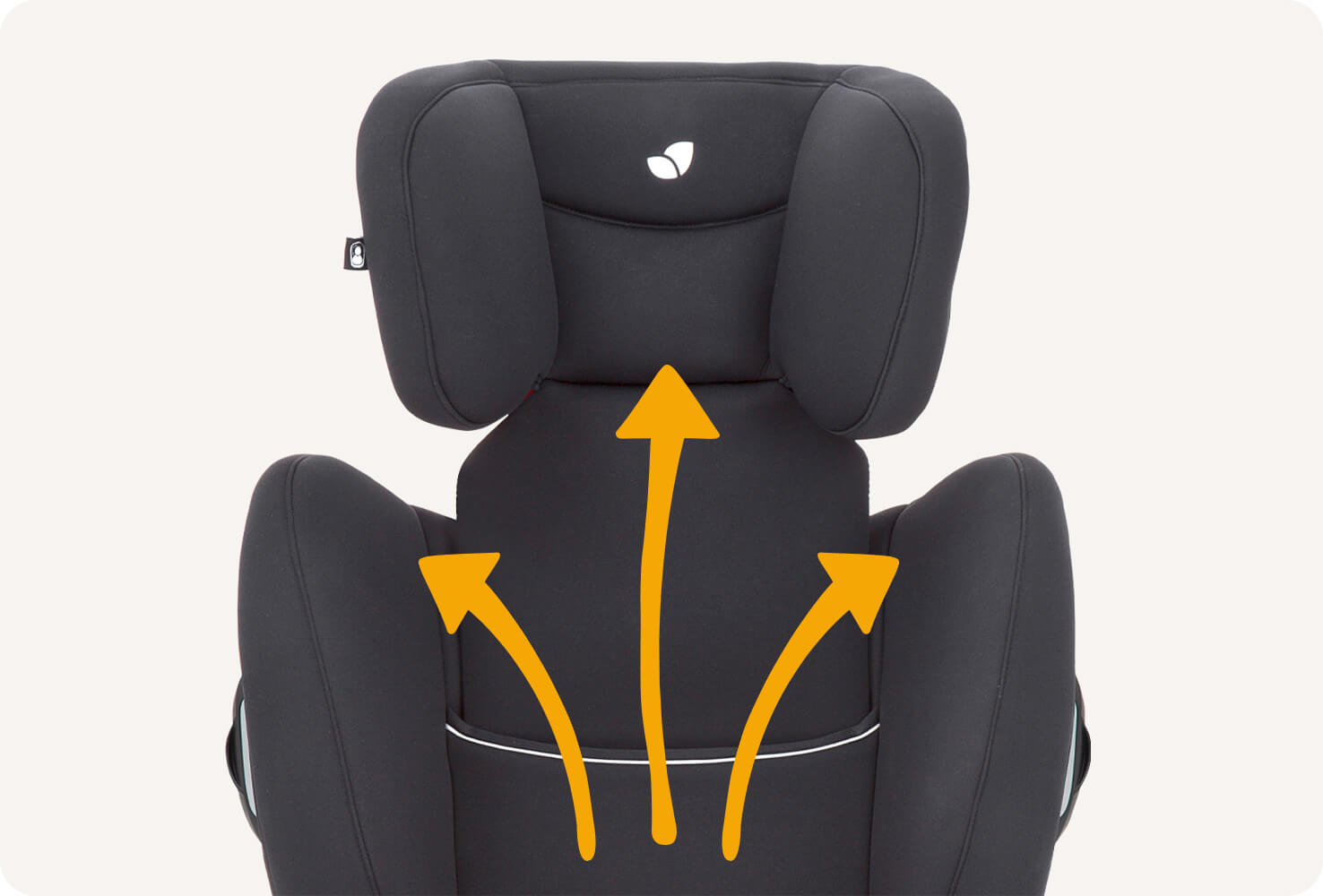  Joie Duallo booster car seat in black facing straight on with the headrest fully extending, and 3 orange arrows indicating growth up and out to the sides.