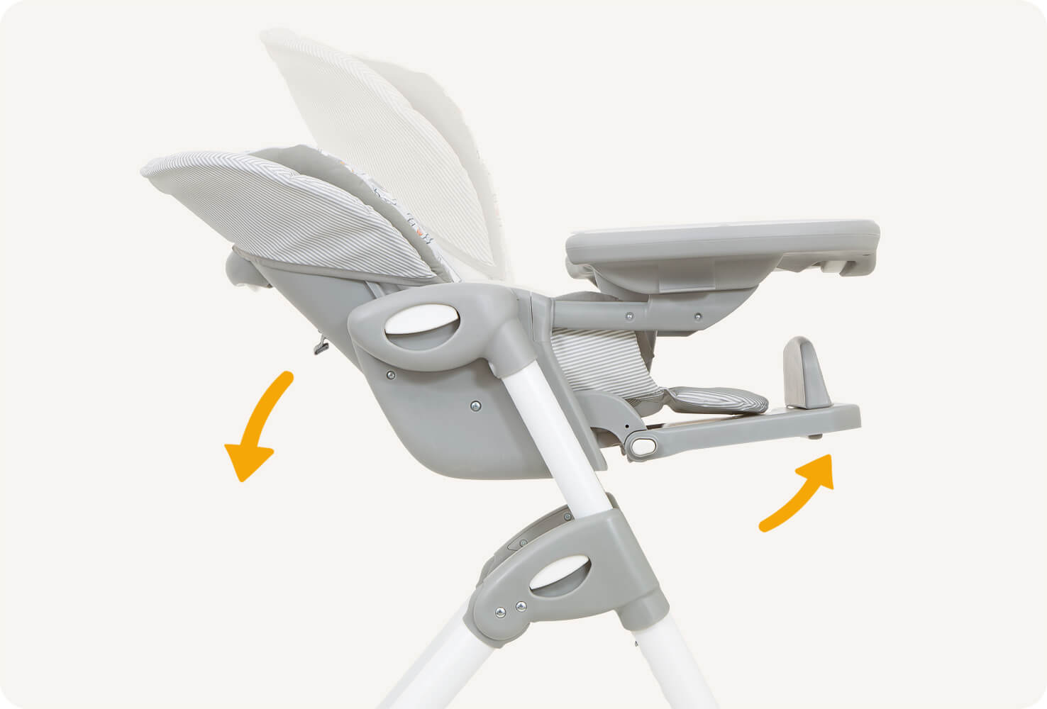  Closeup on a gray Joie Mimzy 2in1 highchair with the seat reclined and half support up, including orange arrows showing the adjustment of both.