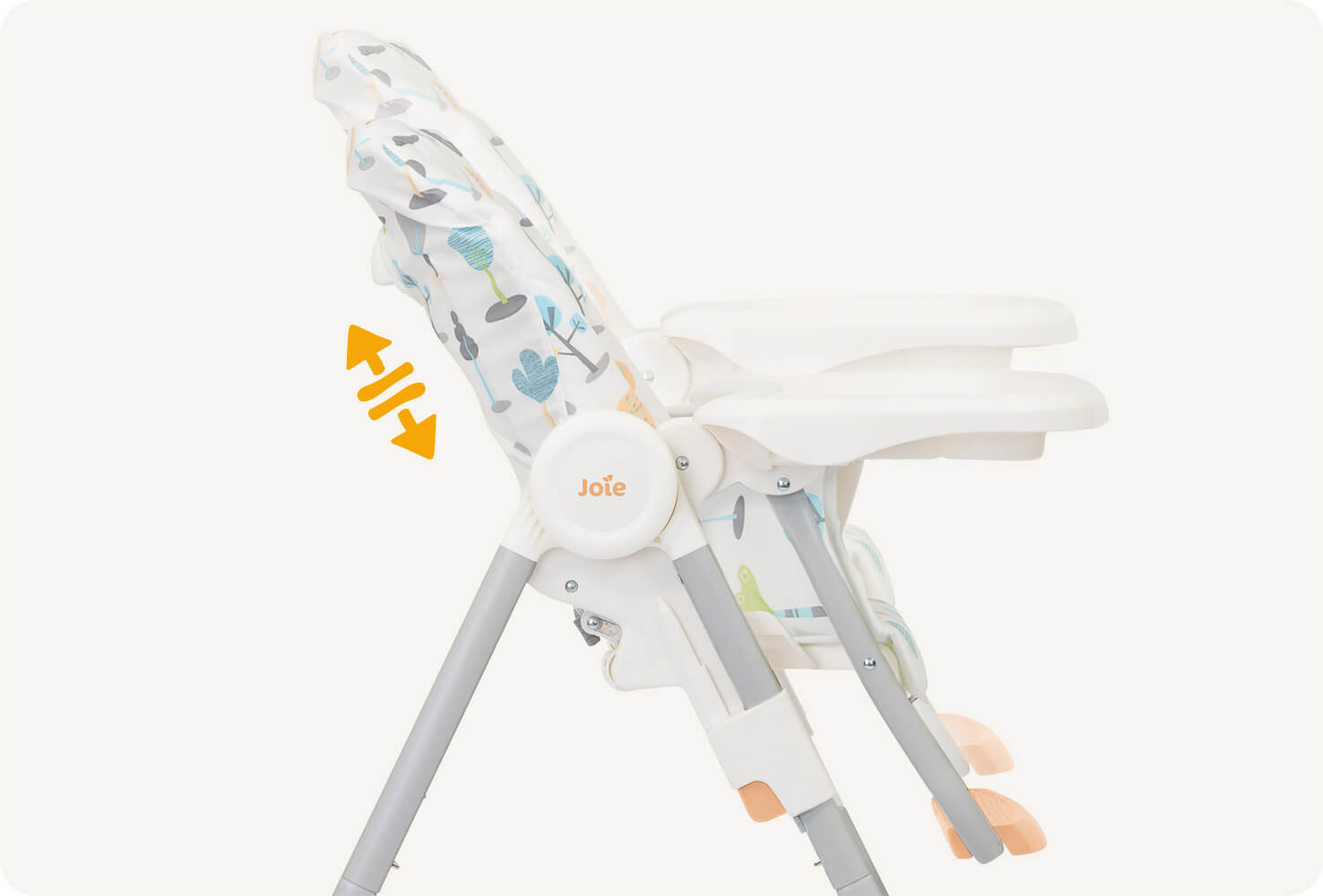 The Joie highchair Snacker 2in1 in a multi-color print featuring illustrations of different trees from a side view with a set of arrows behind the seat pointing up and down to indicate the seat has an adjustable height.