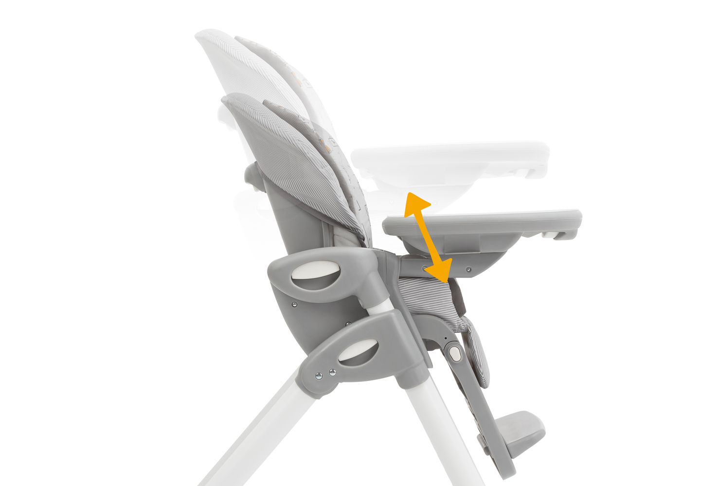  Profile image of the Mimzy REcline highchair ghosted to show the height adjustment options, with a double ended orange arrow overlaid on the seat.