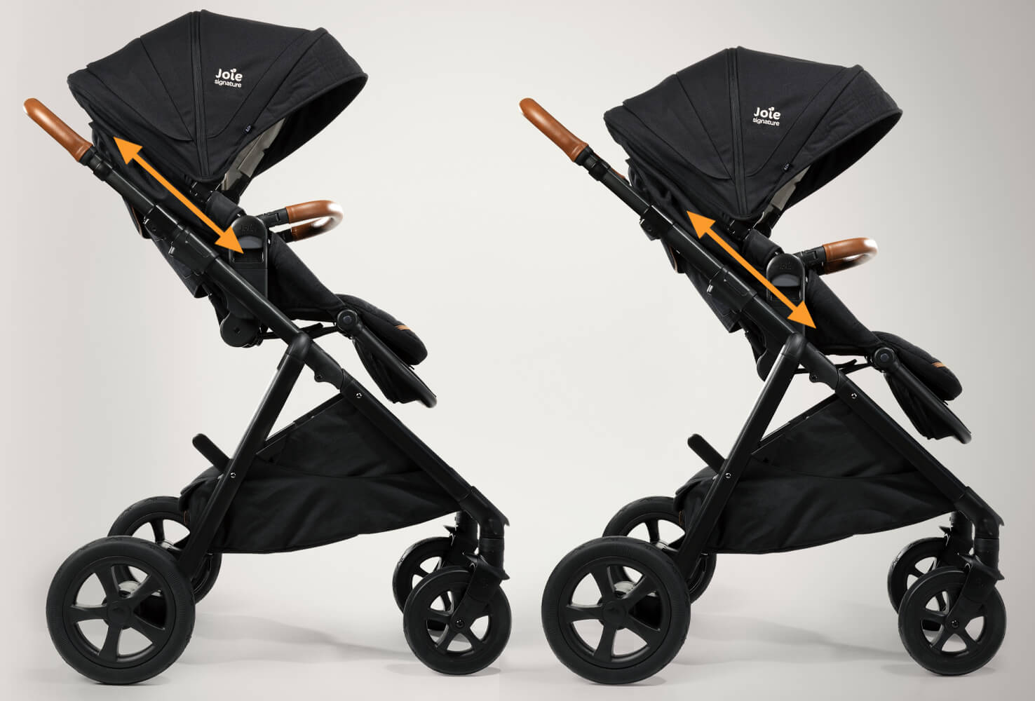   Joie aeria pram in light gray seat height being raised by model.